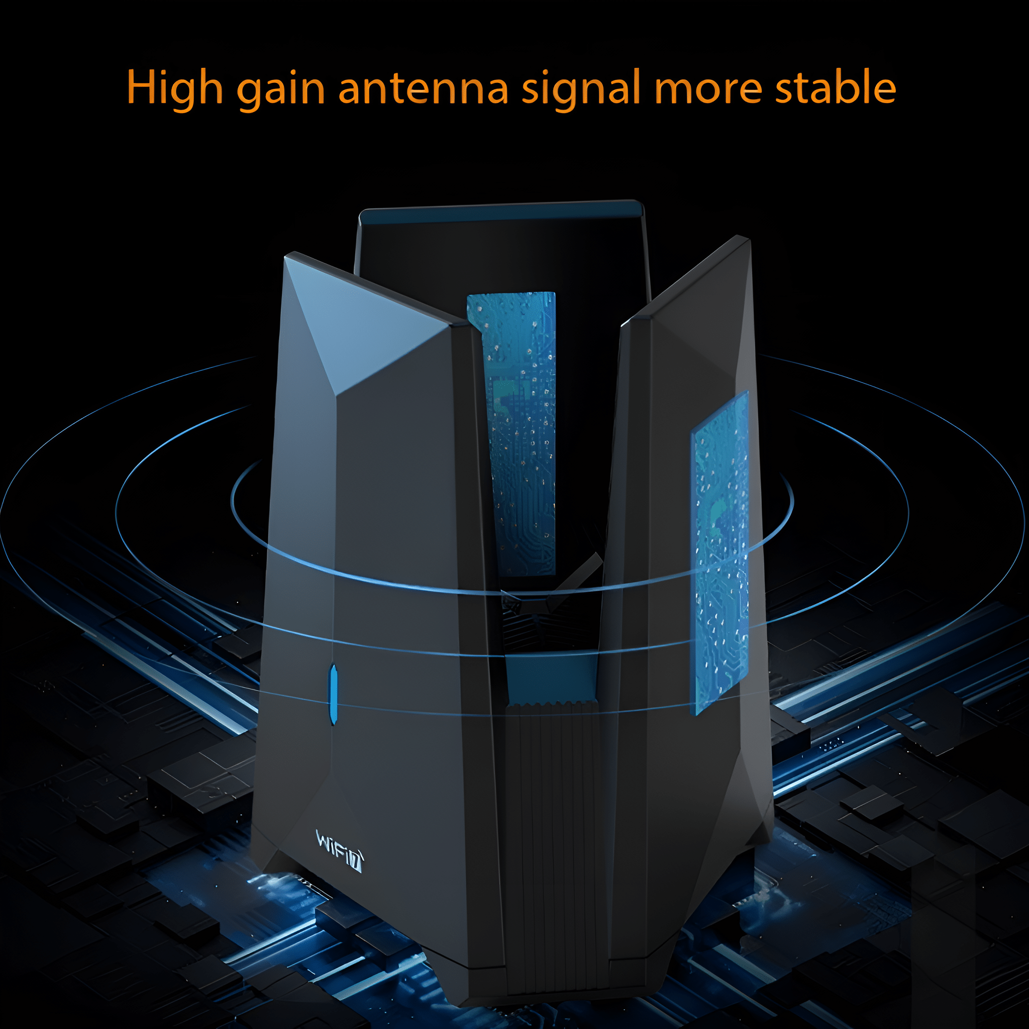 Schwarzer Router mit abgewinkelten Paneelen und blauen Akzenten, vor dunklem Hintergrund.