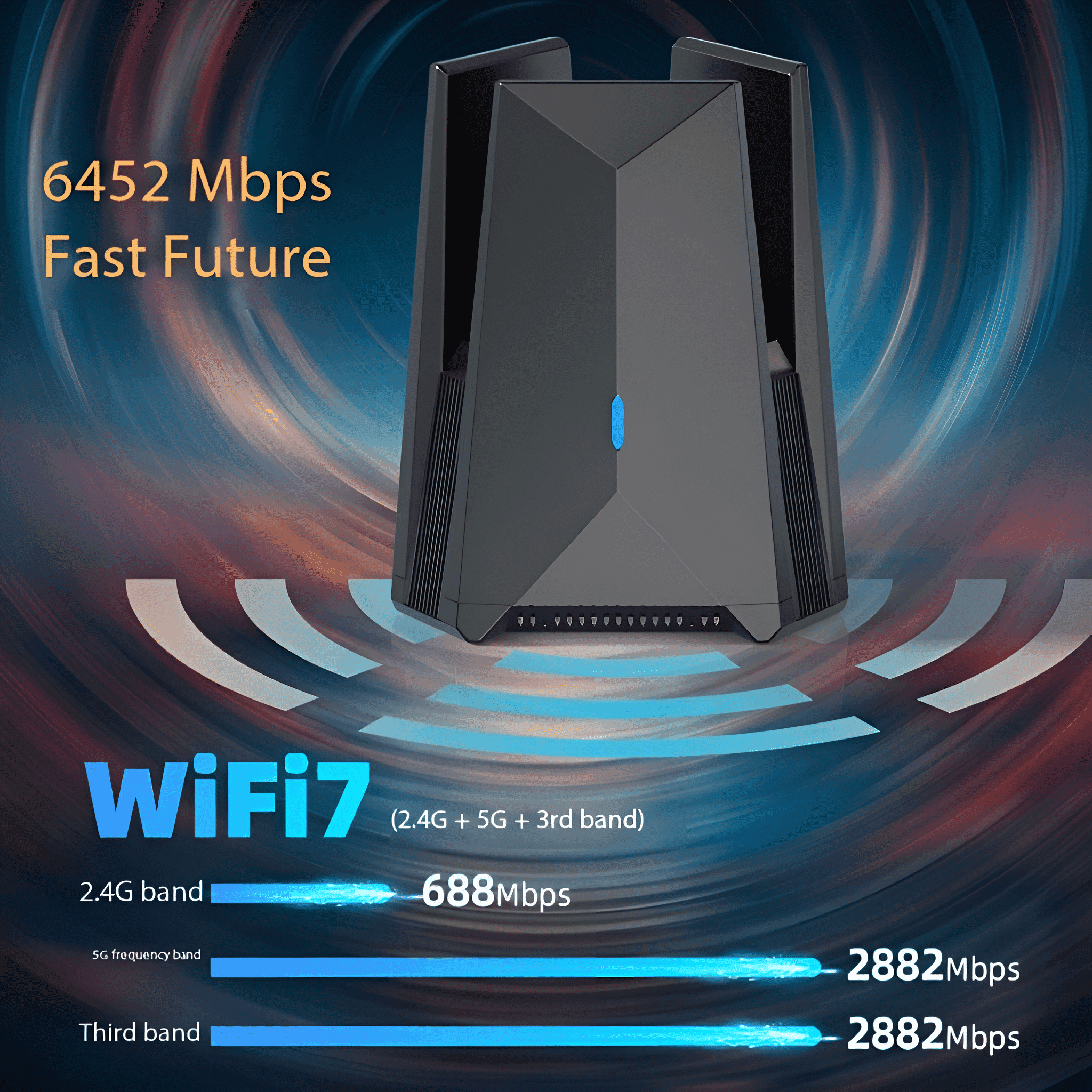Schwarzer und grauer Wi-Fi 7 Router mit Wi-Fi 7 und Geschwindigkeitsinformationen.