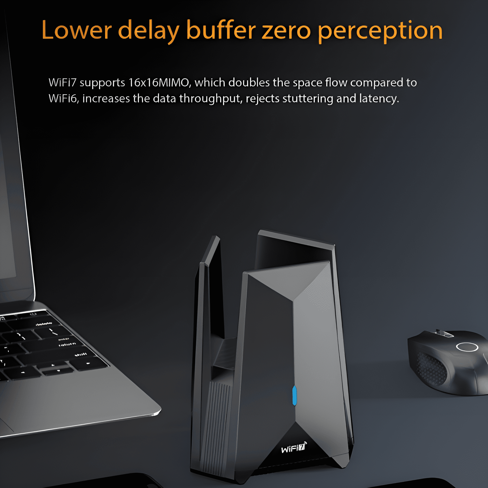 Schwarzer WLAN-Router mit Laptop und Maus im Hintergrund. Text über Wi-Fi 7 auf dunkler Oberfläche.