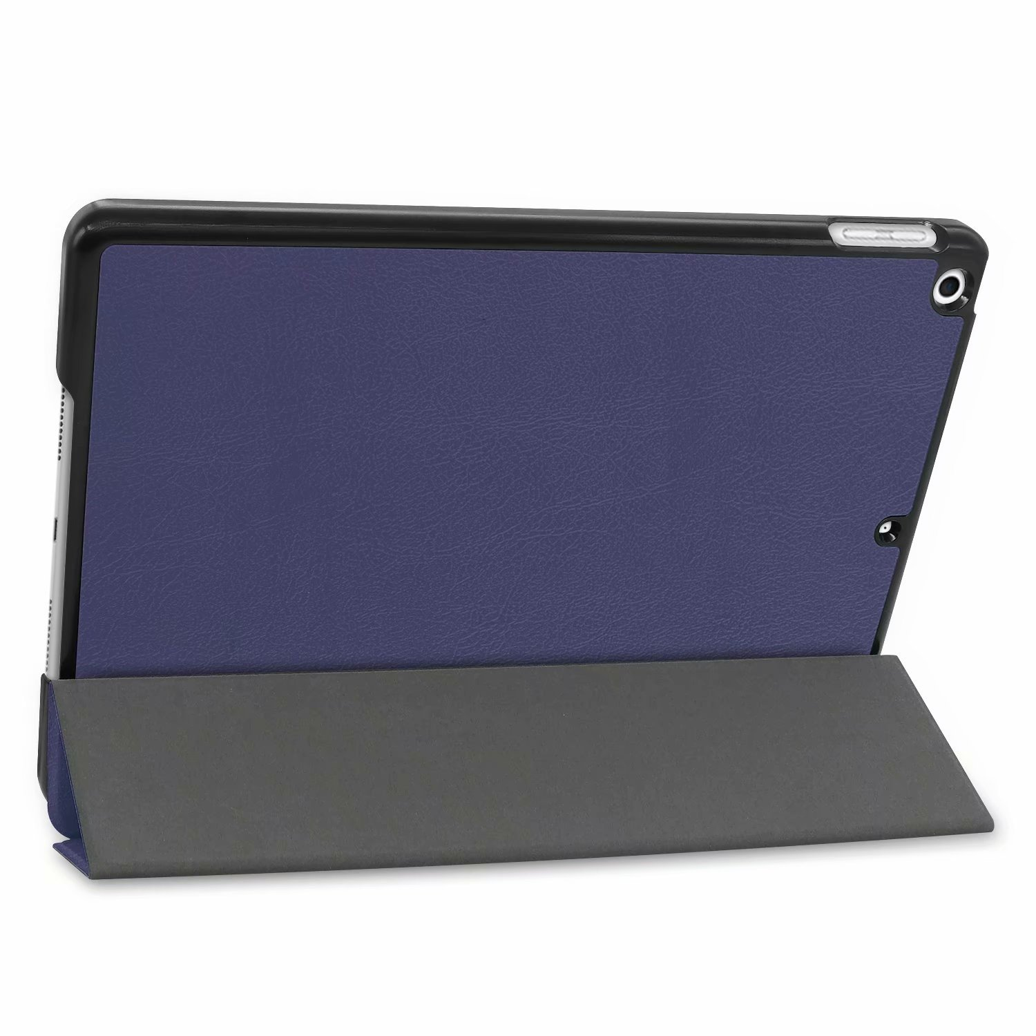 Blaue Tablet-Hülle, geöffnet mit Ständer. Das Tablet ist sichtbar. Weißer Hintergrund.