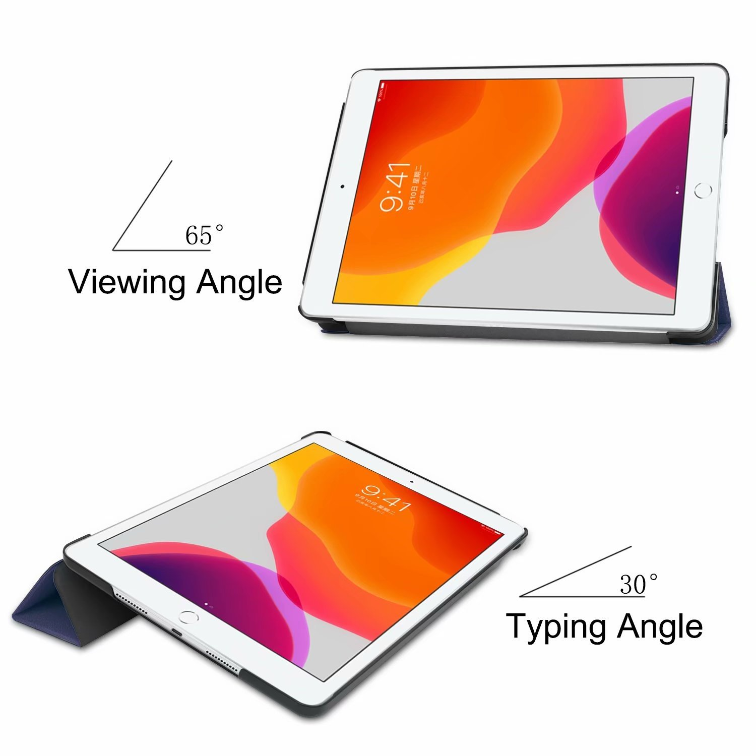 Zwei iPads in Hüllen. Eines mit 65° Betrachtungswinkel, eines mit 30° Tippwinkel.