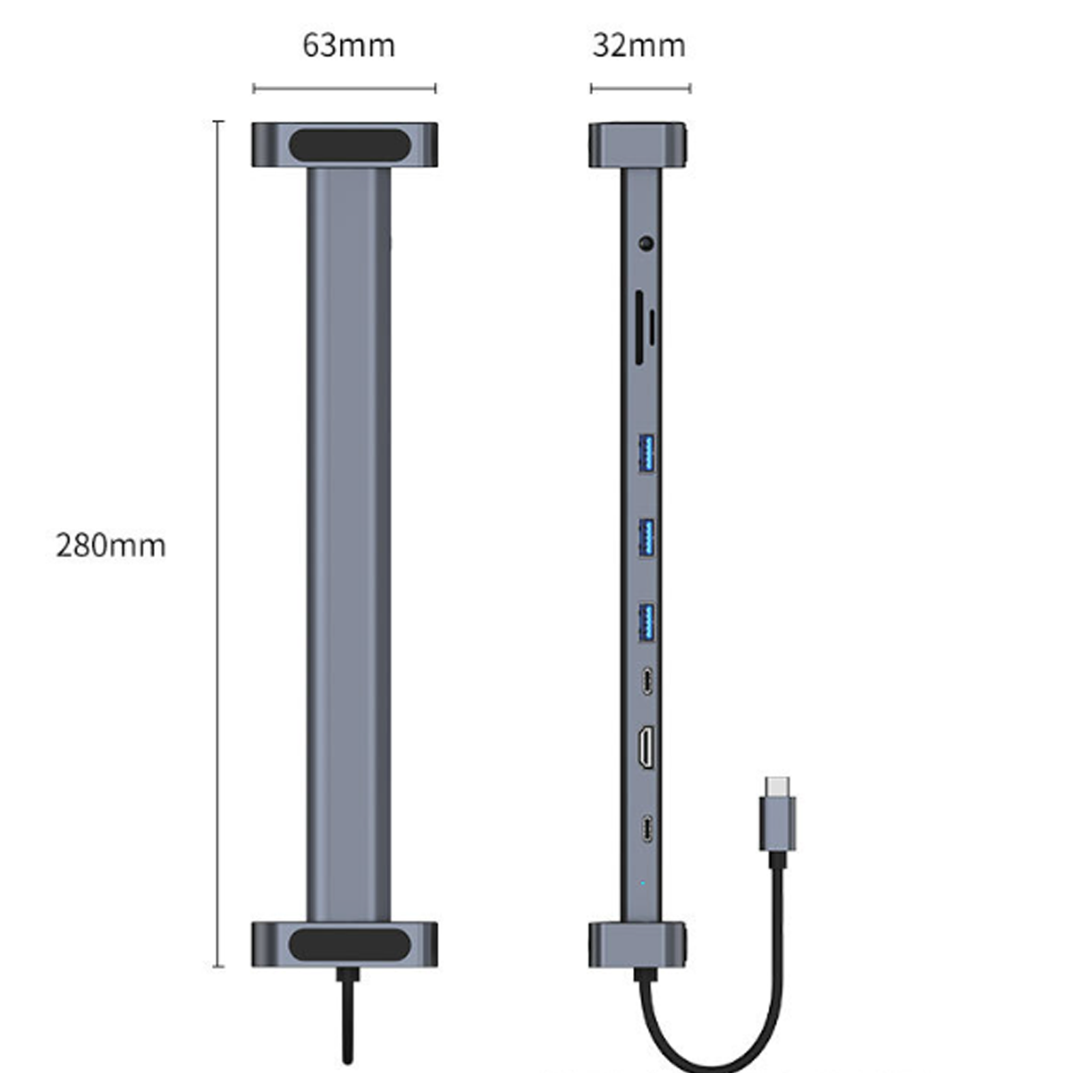 Ein grauer USB-C-Hub mit mehreren Anschlüssen, darunter USB-, HDMI- und Kartenleseranschlüsse.