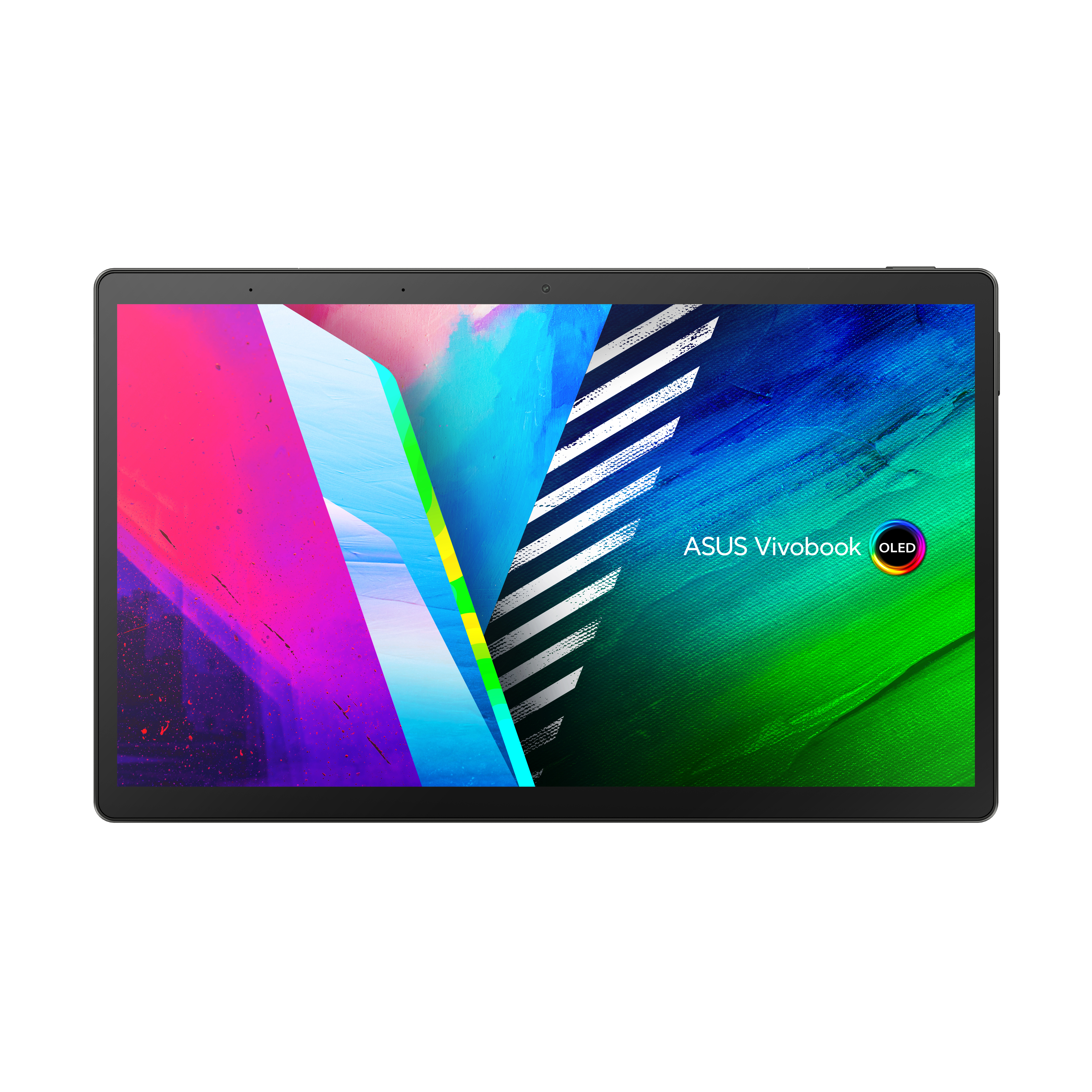 Tablet mit farbenfrohem Bildschirm. Der Bildschirm zeigt blaue, grüne und weiße Farben.