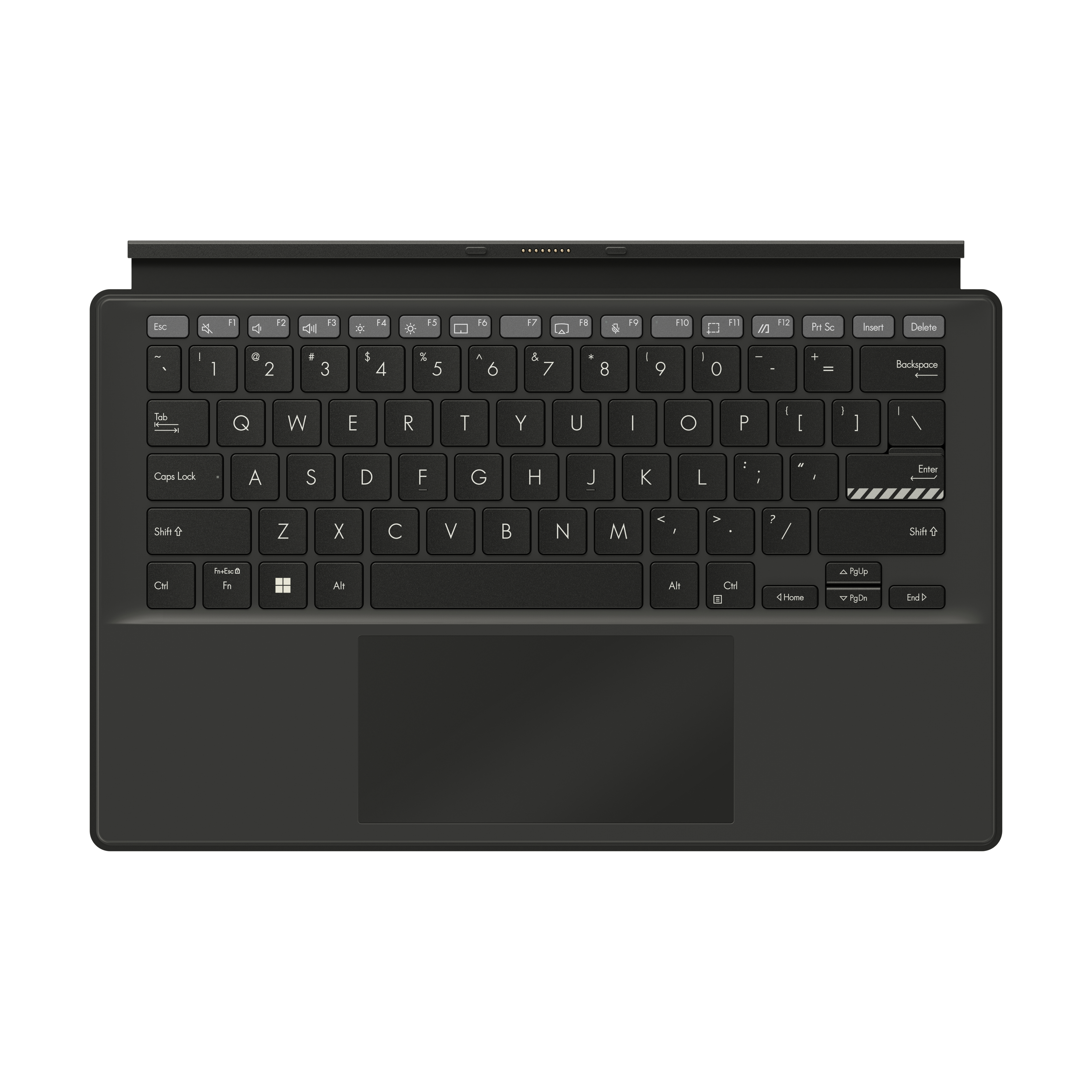 Schwarze Tastatur mit weißen Buchstaben und Zahlen. Unten befindet sich ein Touchpad.