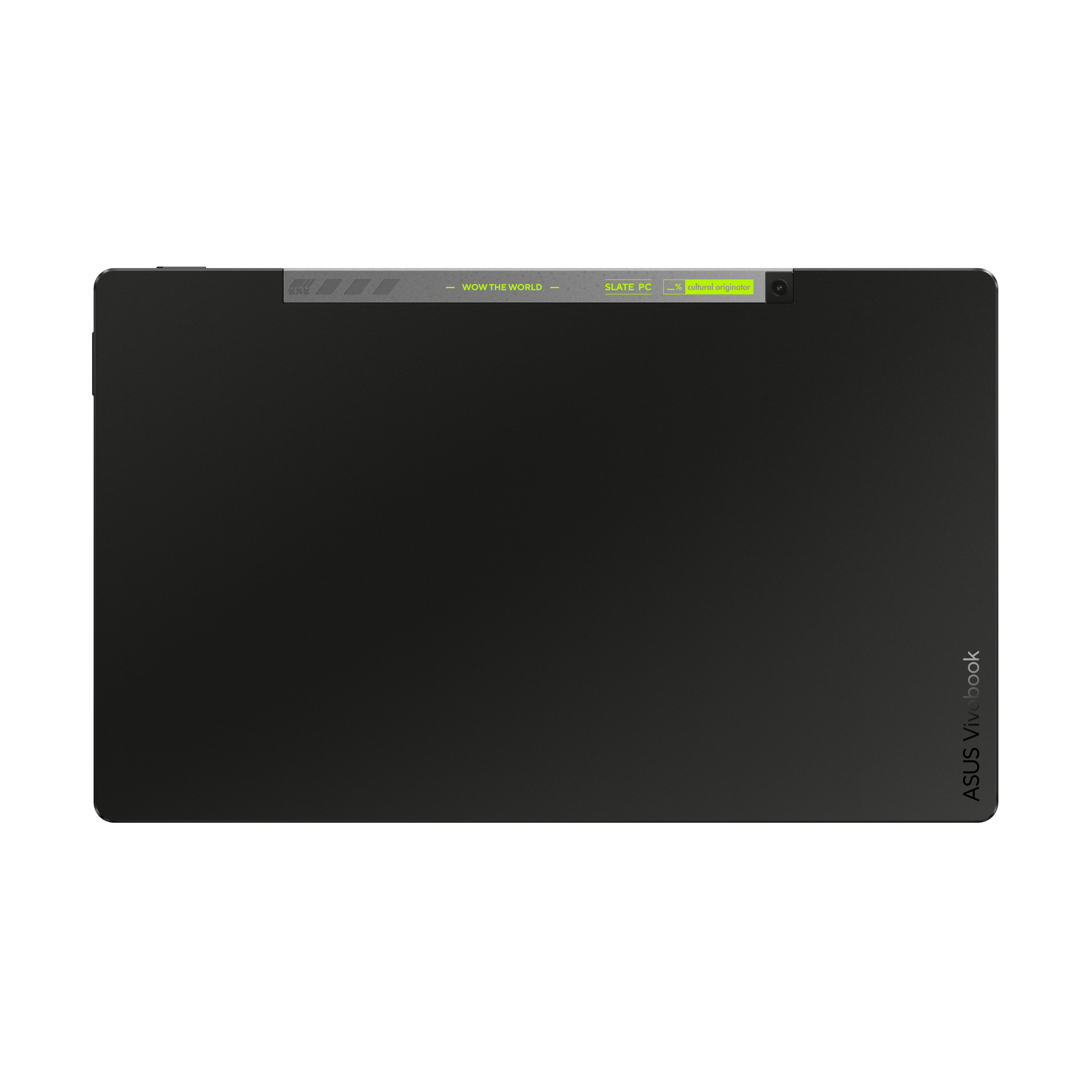 Ein schwarzer Laptop mit einem silbernen Balken und Text darauf. Schwarzer Hintergrund.