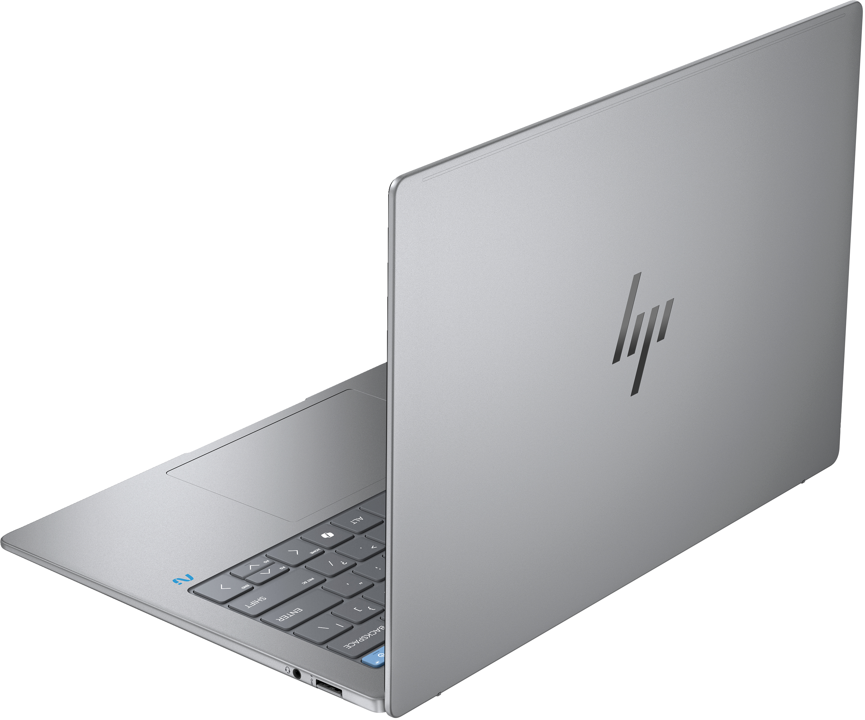 Un portátil plateado con el logotipo de HP en la parte trasera, sobre un fondo blanco, en ángulo.