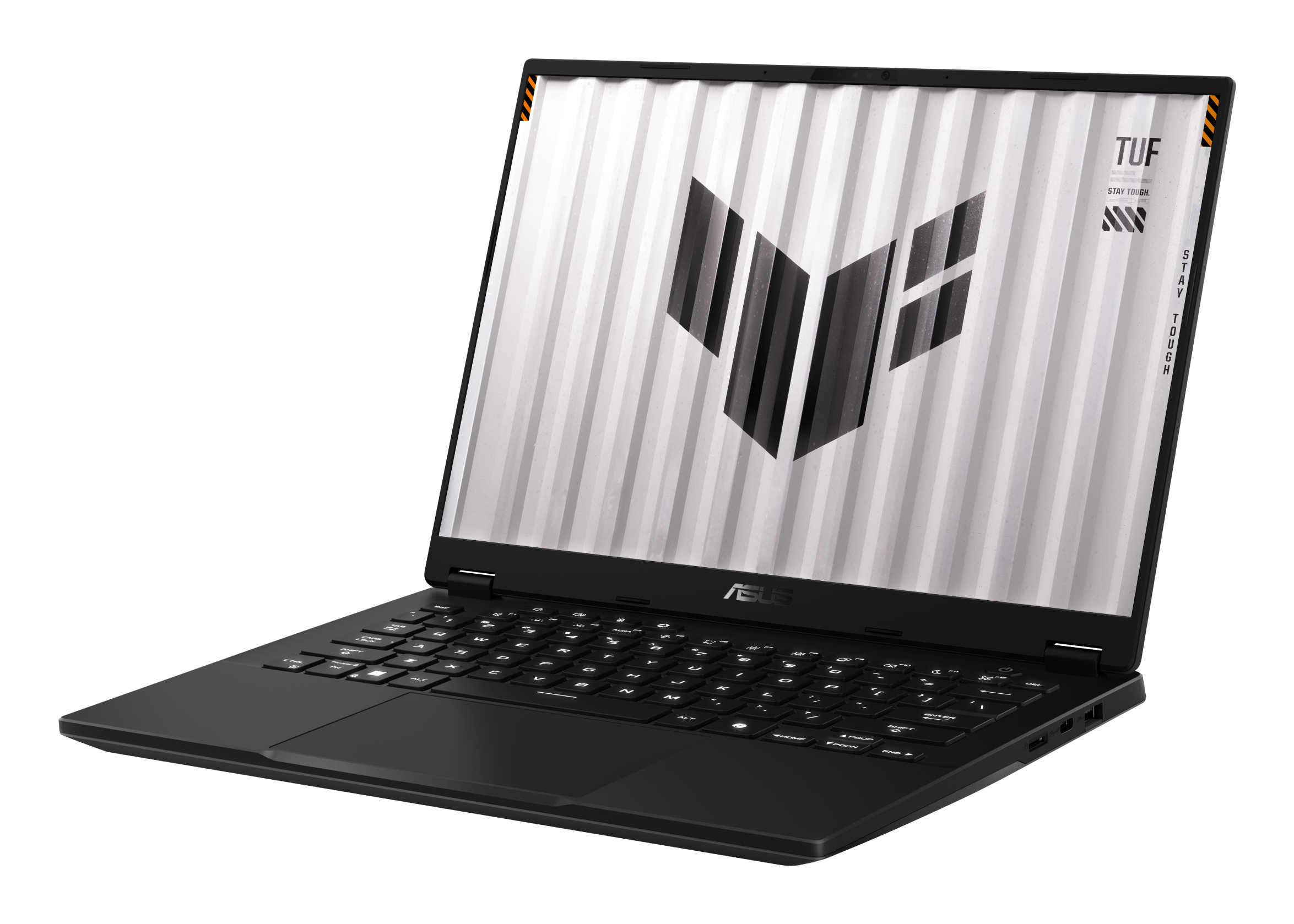 Czarny laptop Asus, otwarty, wyświetlający białe tło z logo ASUS TUF.