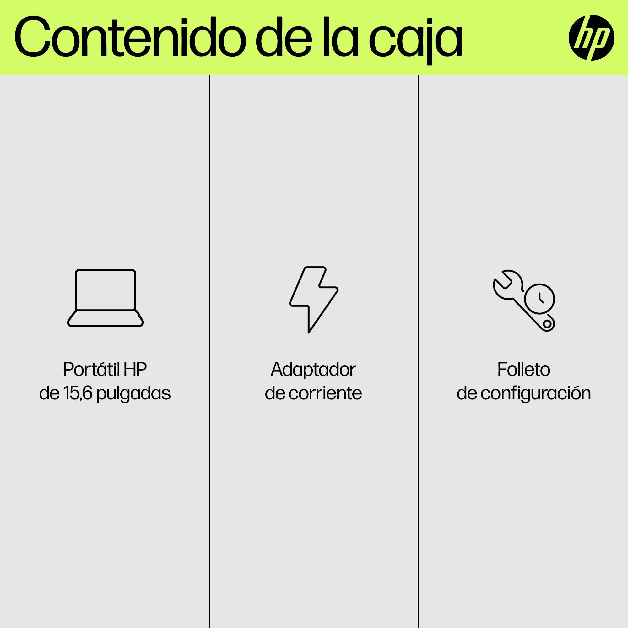 Tres iconos: portátil, adaptador de corriente y folleto de configuración, que muestran el contenido de una caja HP.