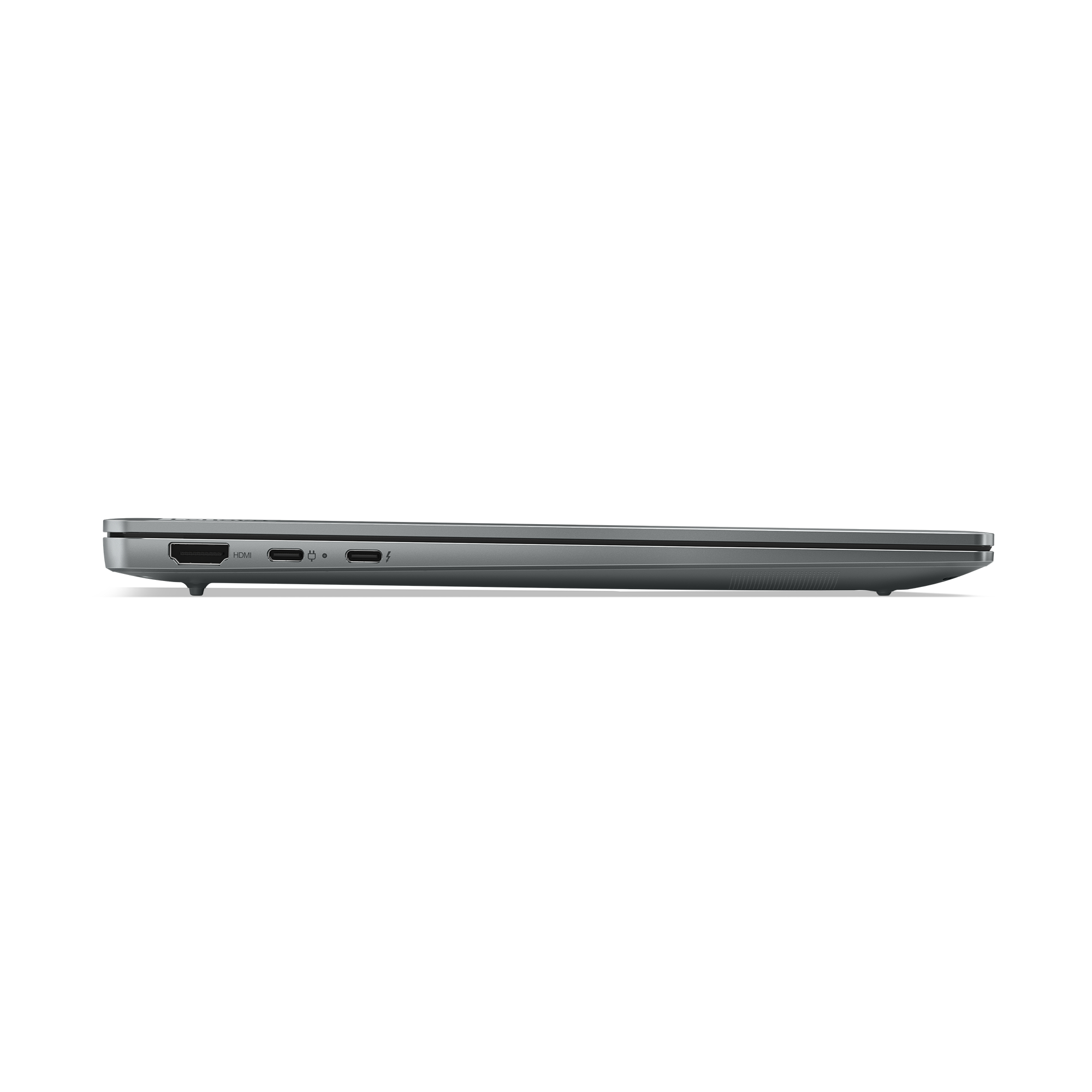Una vista laterale di un laptop grigio con porte, che mostra un design pulito ed elegante.