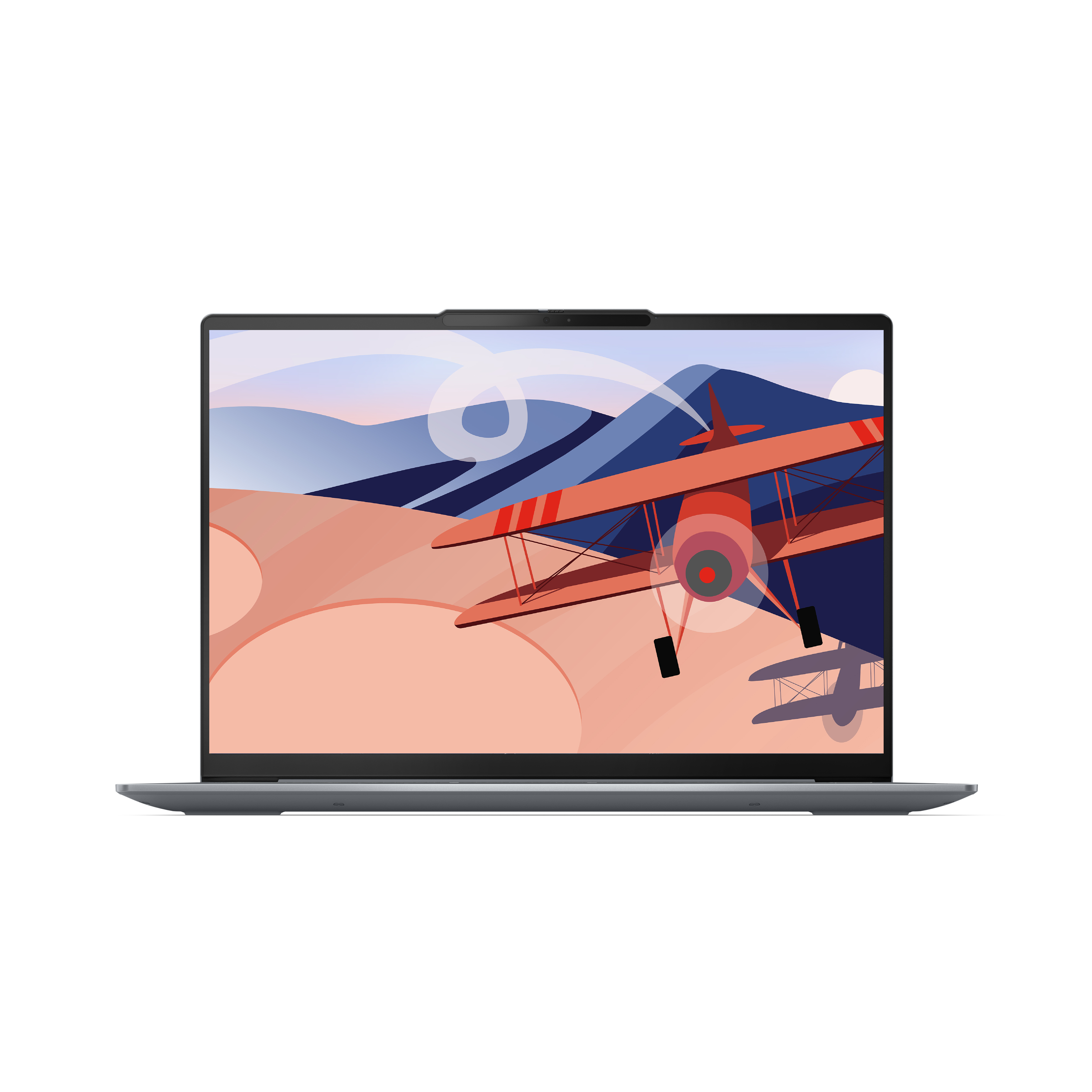 Laptop toont cartoon van een dubbeldekker over een woestijnlandschap met bergen.