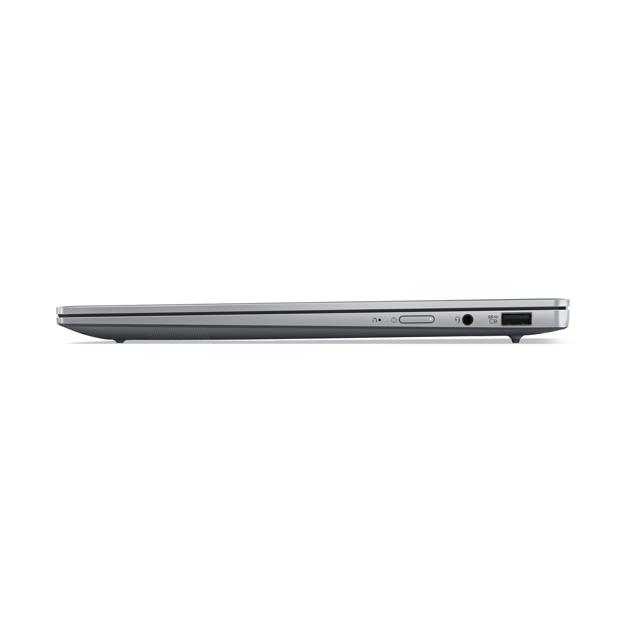 Een zijaanzicht van een grijze laptop met poorten en een aan/uit-knop, op een witte achtergrond.