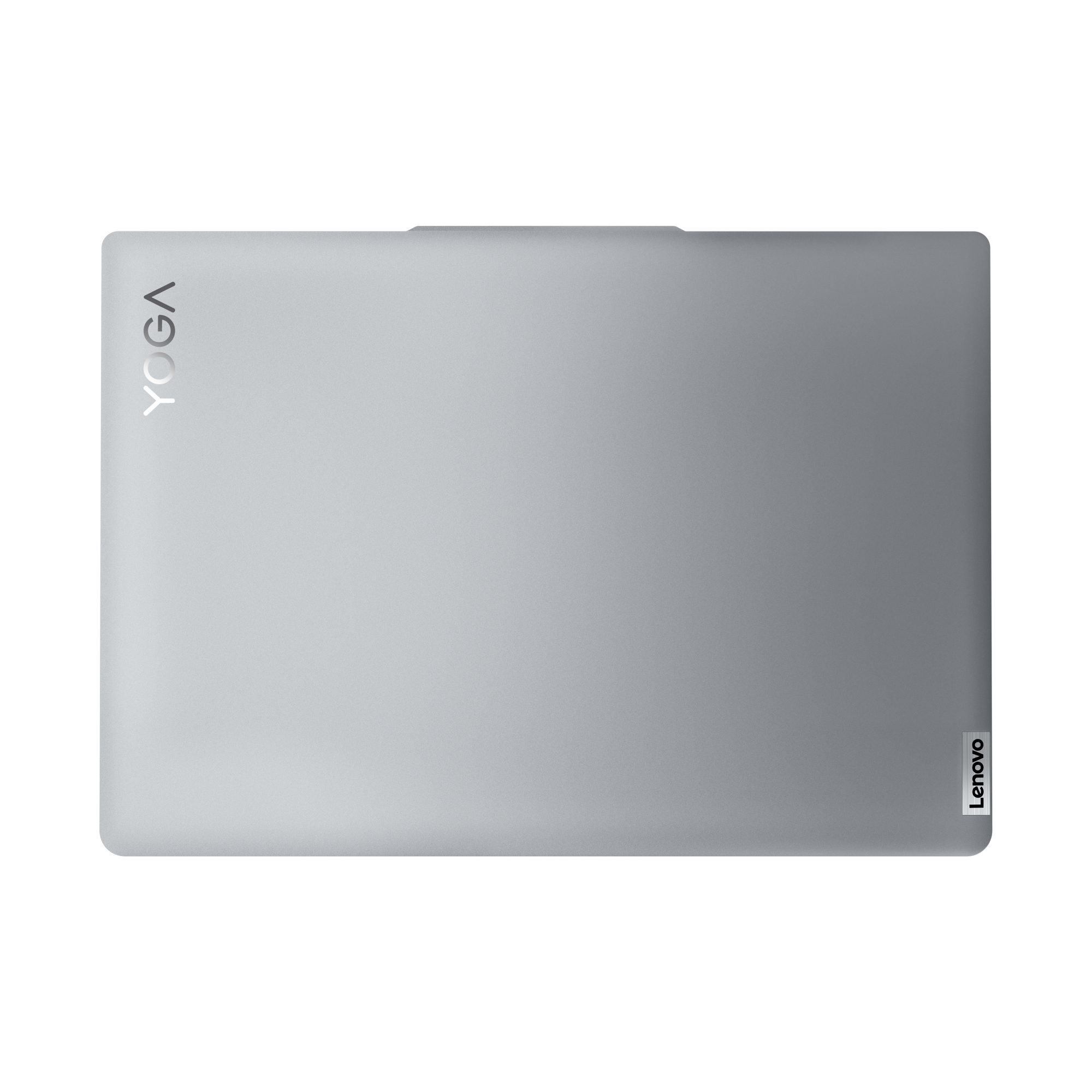 Laptop van bovenaf, gesloten. Grijze kleur. Yoga-logo en Lenovo op het oppervlak.