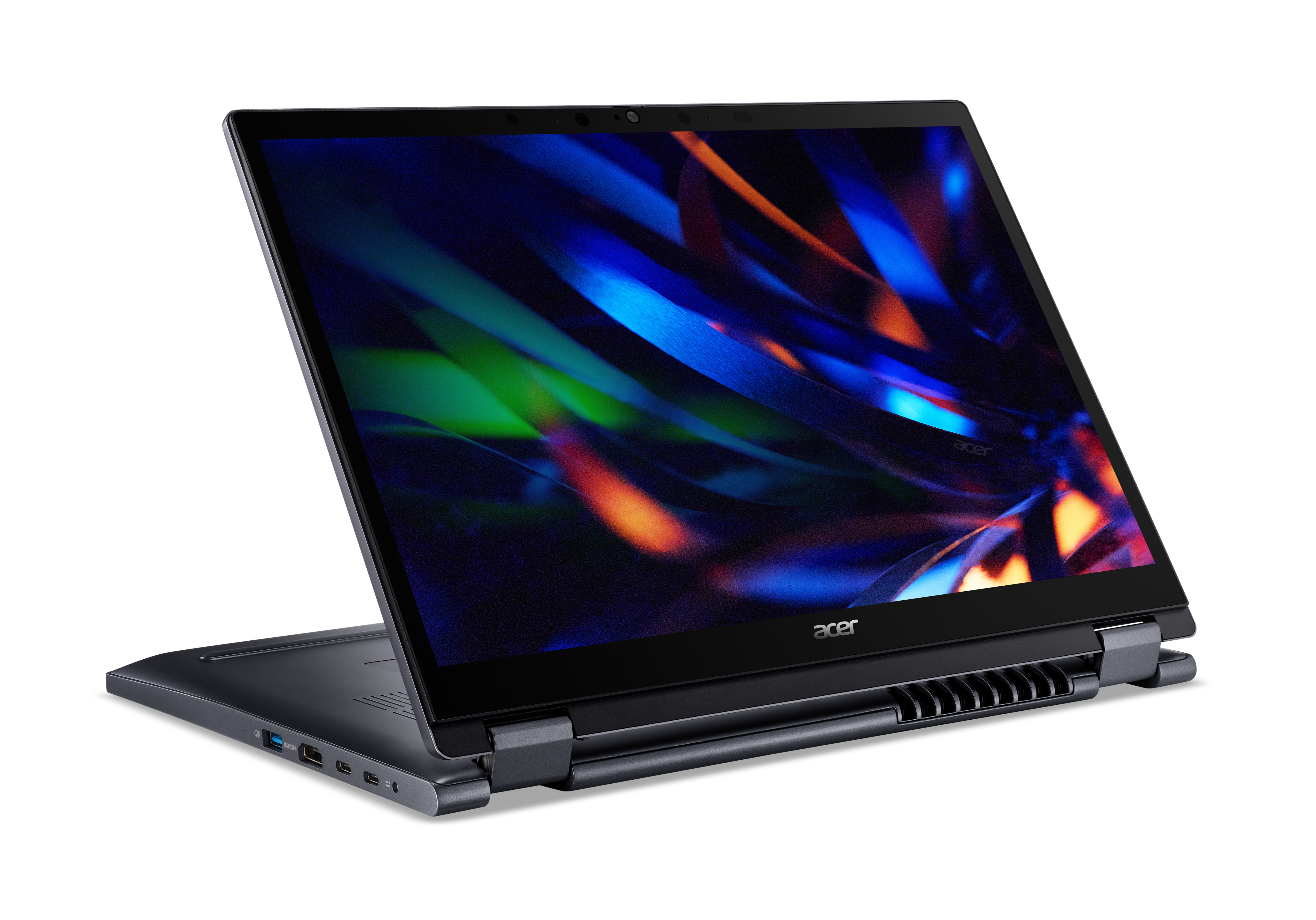 Czarny laptop Acer, ekran wyświetla grafiki abstrakcyjne. Częściowo otwarty, widok pod kątem.