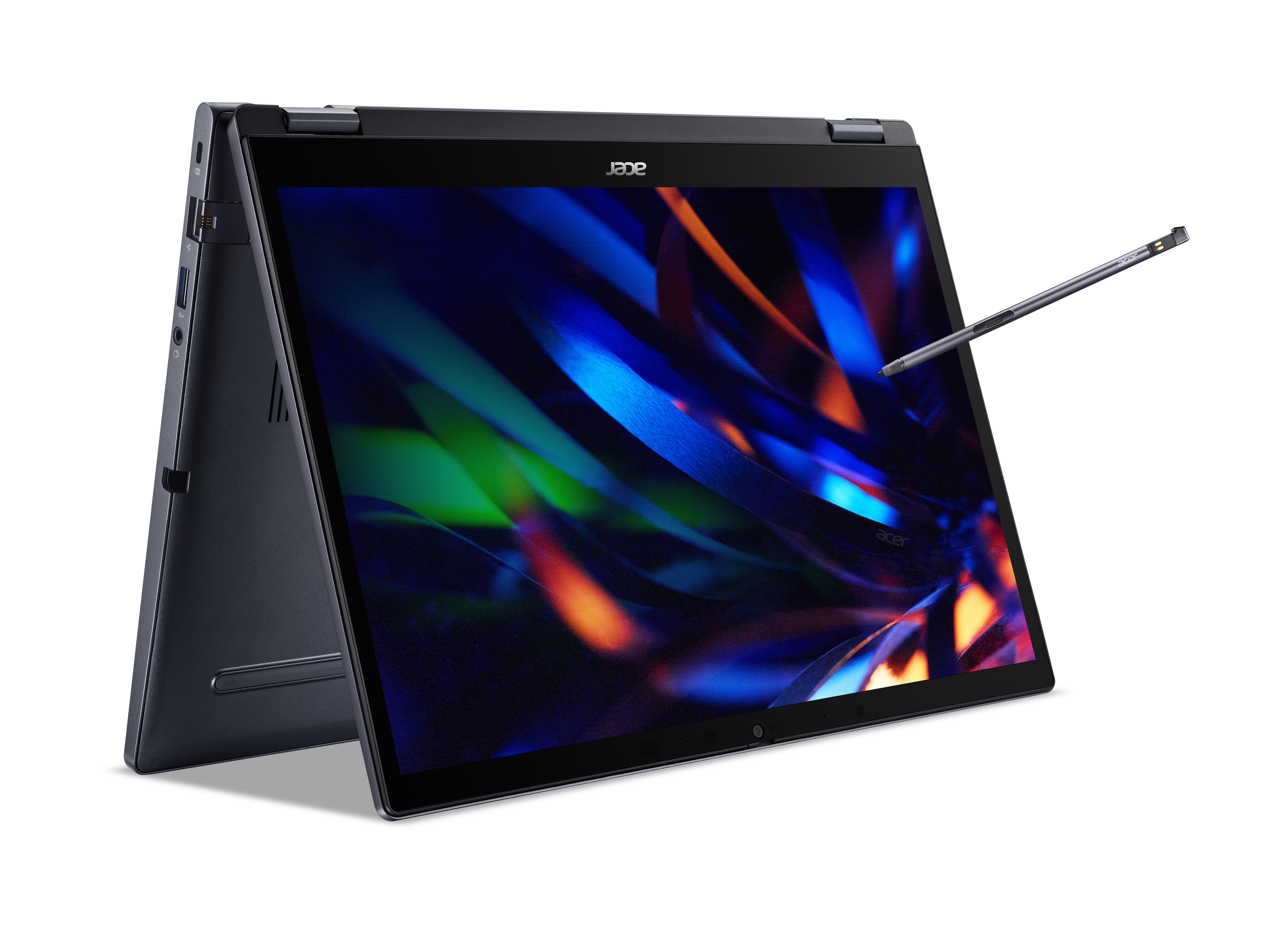 Czarny laptop Acer, otwarty z rysikiem. Wyświetlacz pokazuje kolorowy obraz.