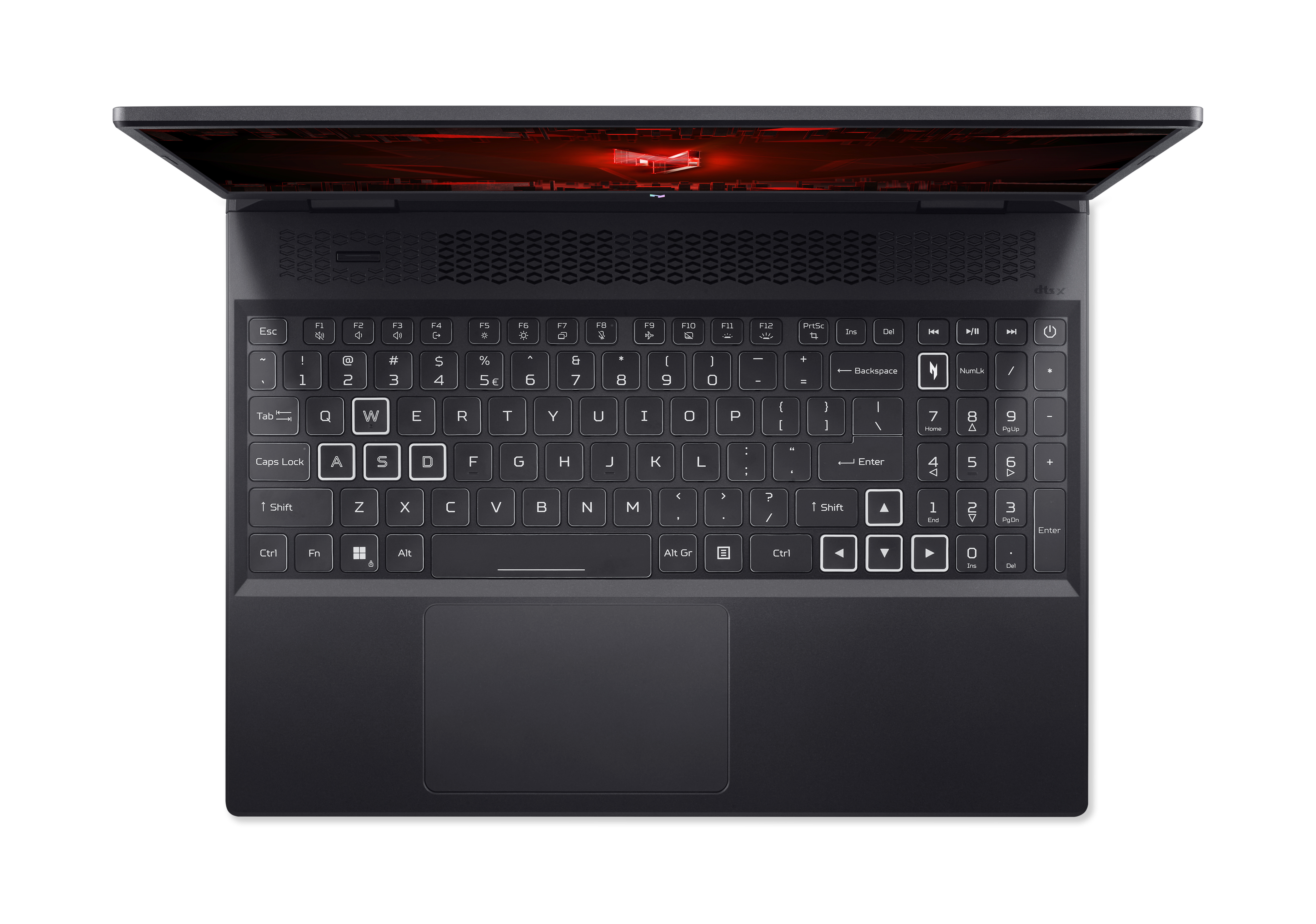 Laptop-Tastatur, Draufsicht. Schwarz mit roten Akzenten. Tasten und Touchpad sichtbar.