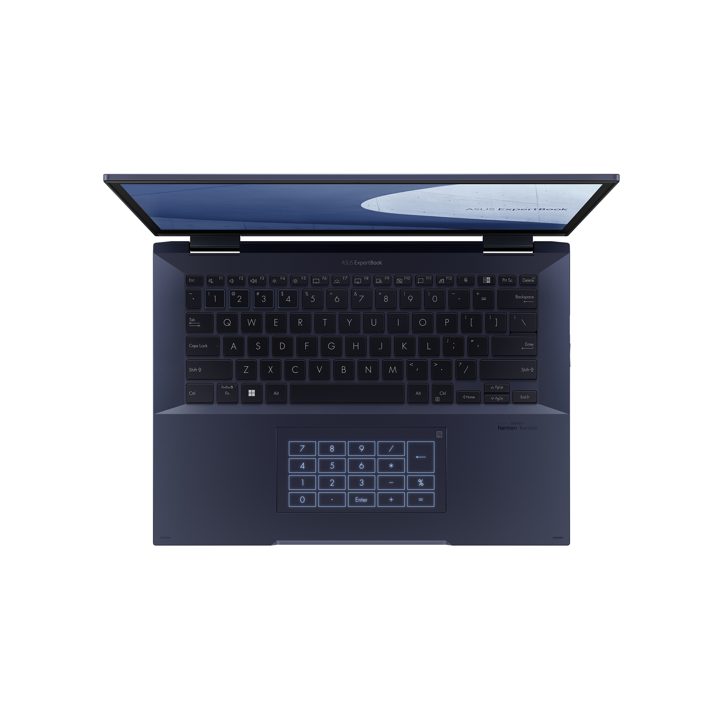 Un laptop blu scuro è aperto su una superficie bianca, con la tastiera visibile.
