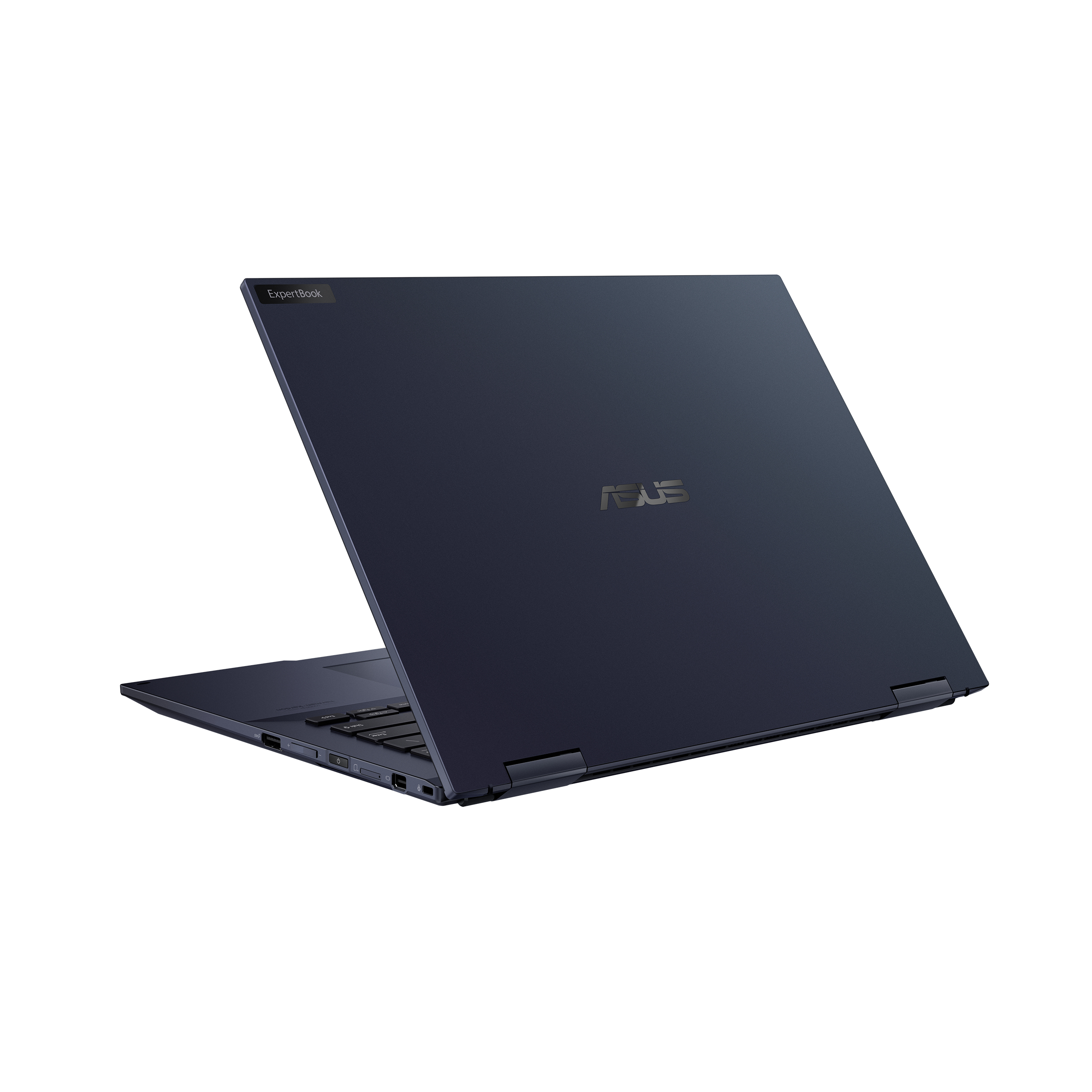 Laptop Asus blu scuro, parzialmente aperto, retro, con logo Asus visibile.