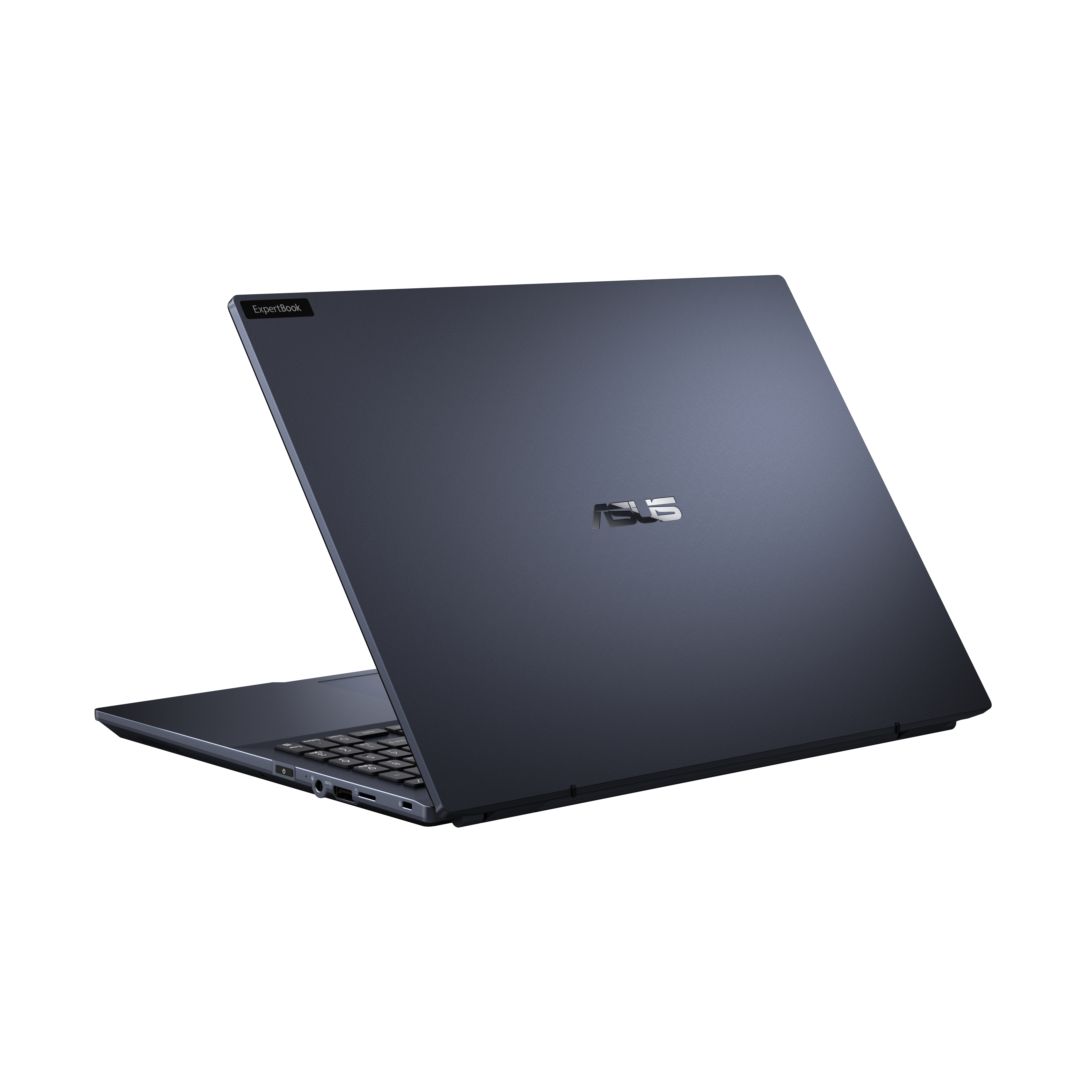Un laptop ASUS ExpertBook blu scuro chiuso su sfondo bianco.