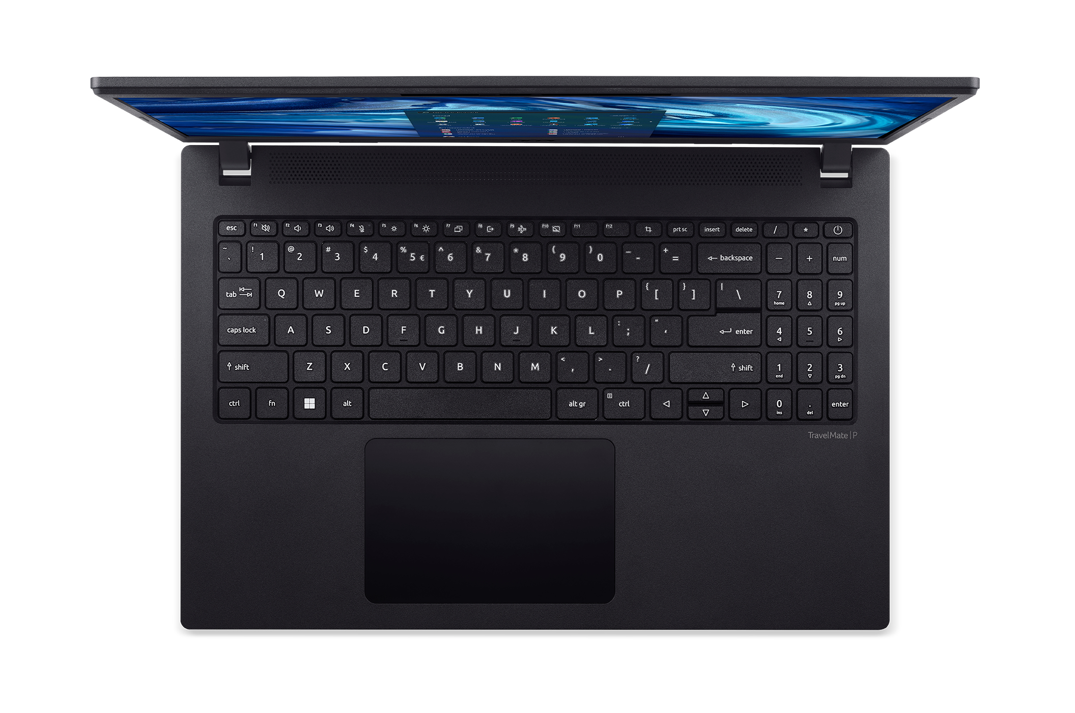 Un ordinateur portable noir avec un clavier complet, vue de dessus. L'écran est ouvert, affichant un bureau.
