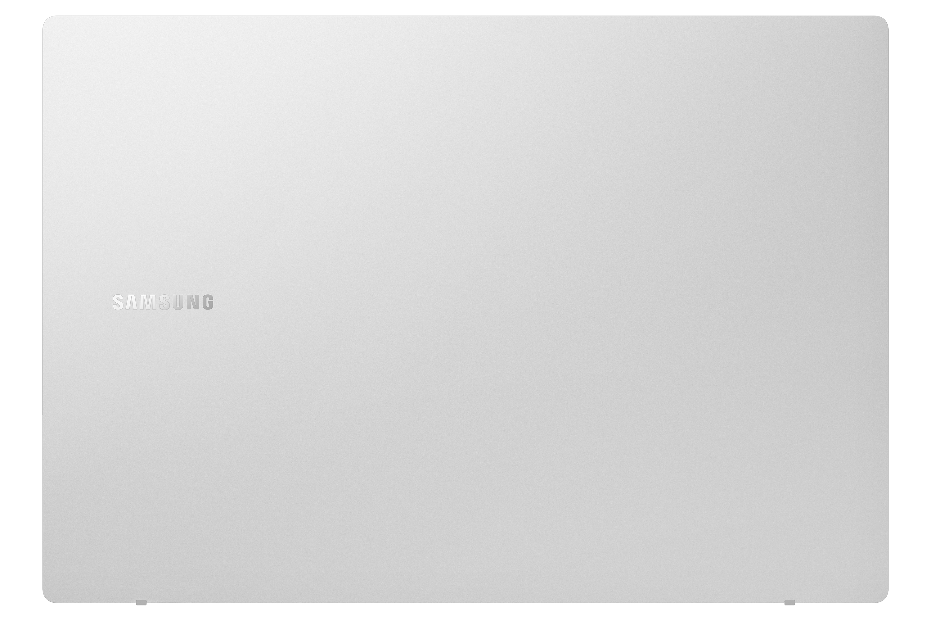Weiße Laptop-Abdeckung mit dem Samsung-Logo in der Mitte, auf weißem Hintergrund dargestellt.