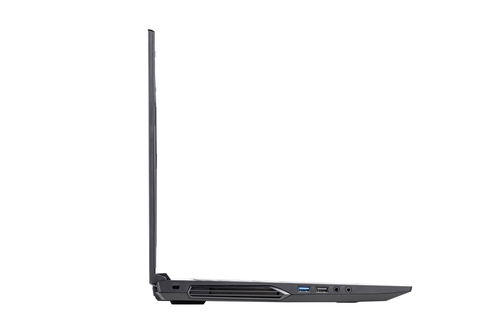 La vista laterale di un laptop nero. Lo schermo è chiuso e i bordi sono visibili.