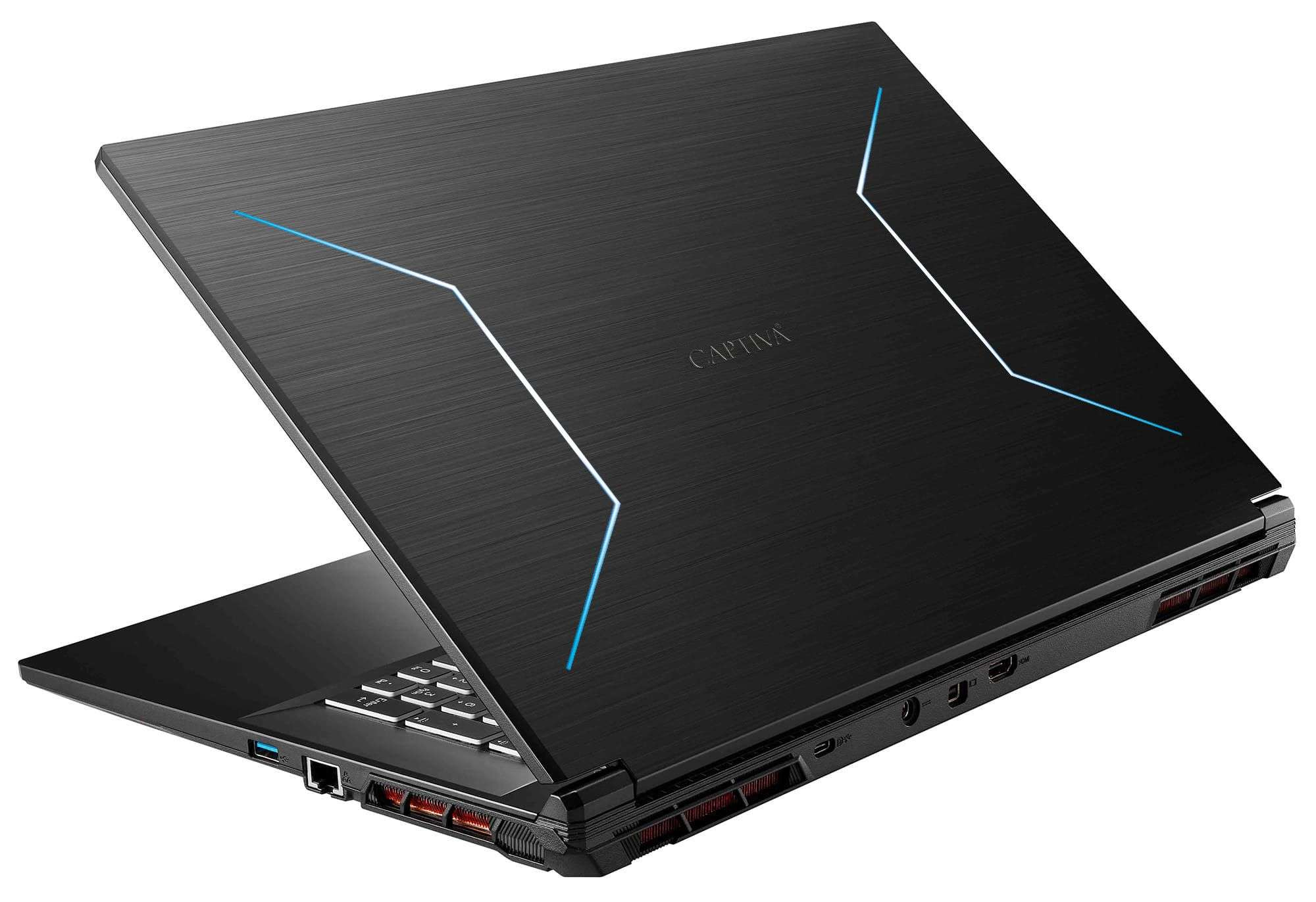 Zwarte laptop, schuine weergave. Toont de achterkant met design lijnen en CAPTIVA logo.