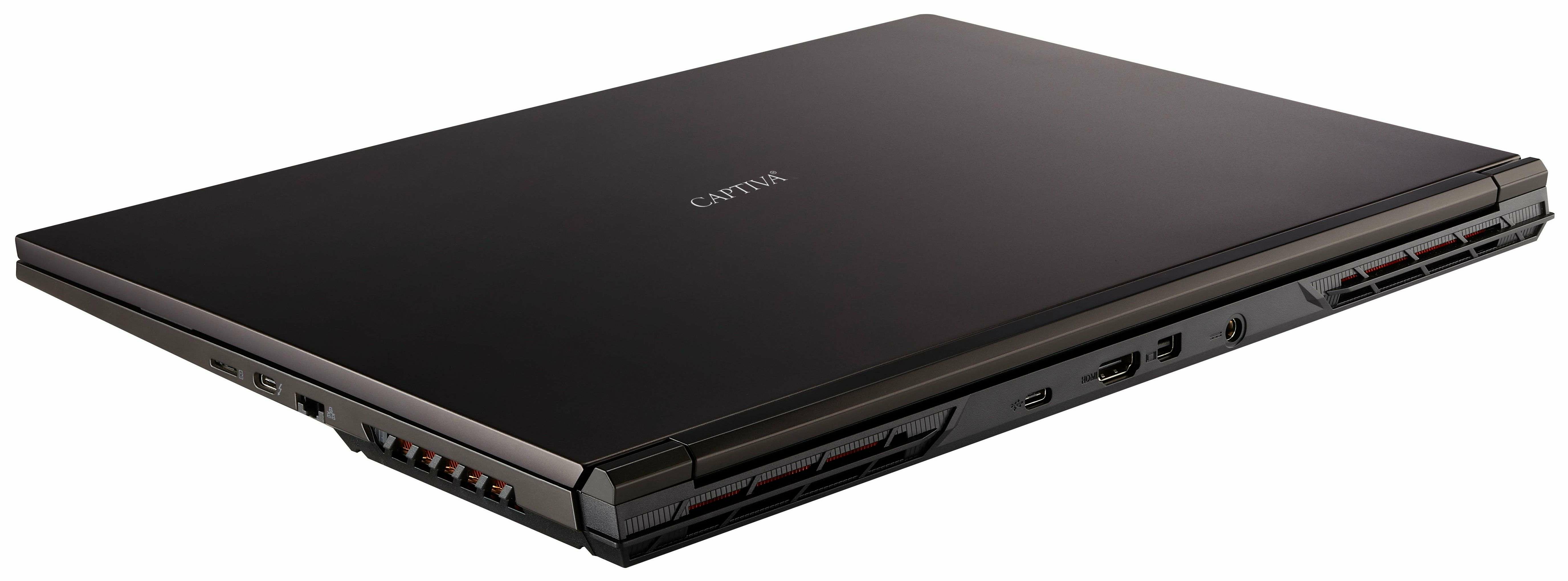 Laptop nero, chiuso. Il coperchio ha la scritta "CAPTIVA" stampata. Porte e prese d'aria visibili sui lati.