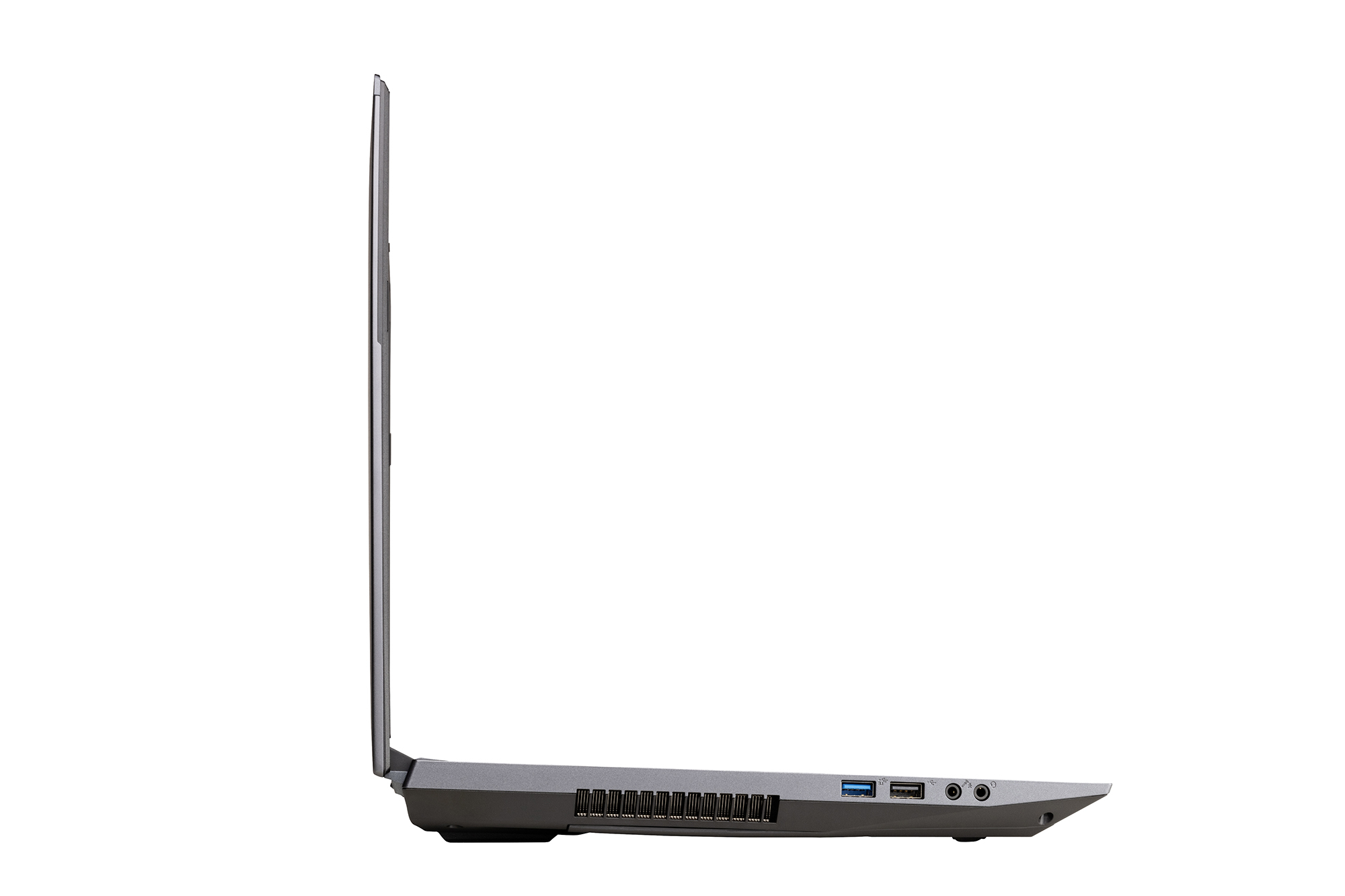 Vista laterale del laptop. È argentato e ha un design sottile.