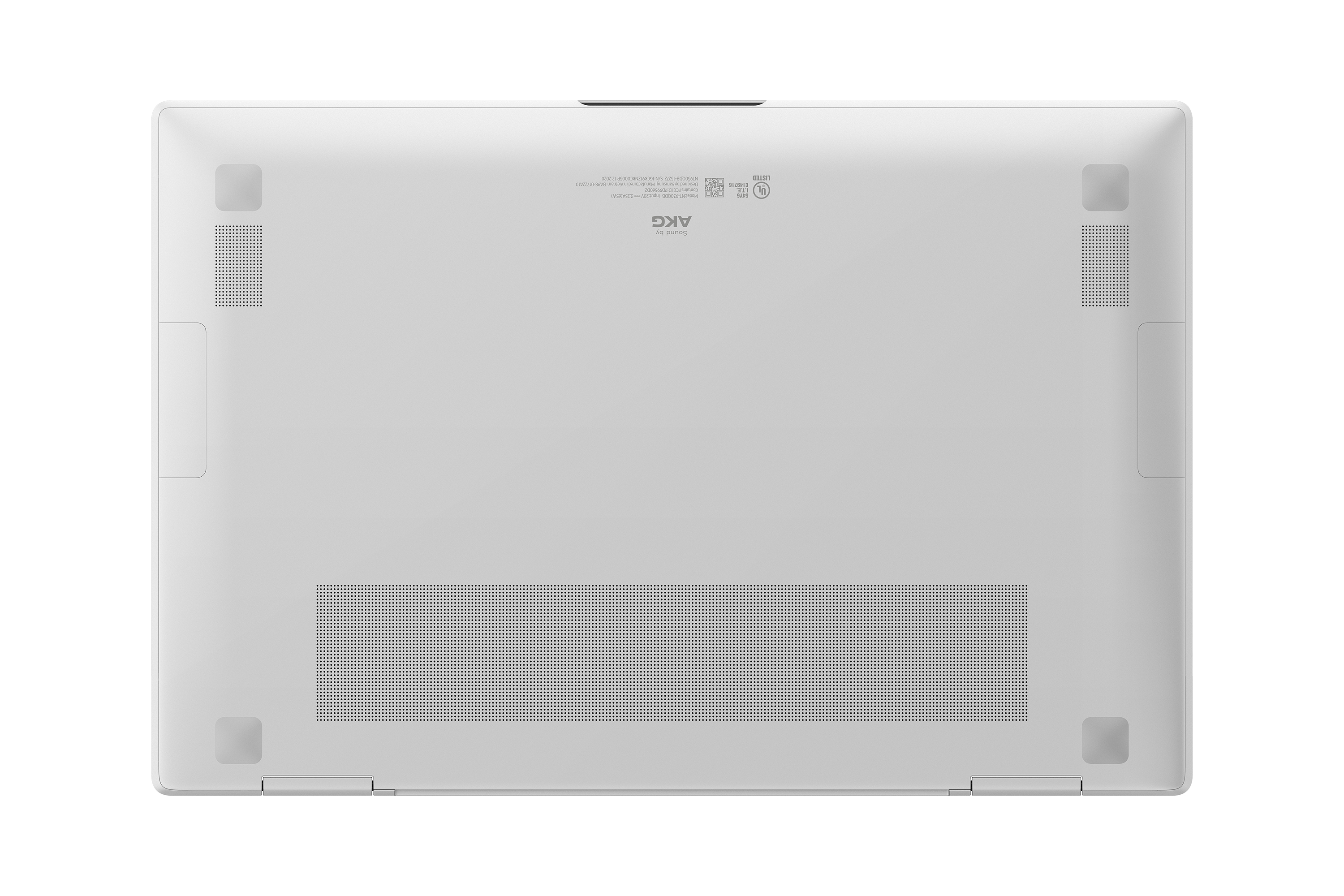 Weißer Laptop-Boden mit Lüftungsschlitzen und Branding-Details. Weißer Hintergrund.