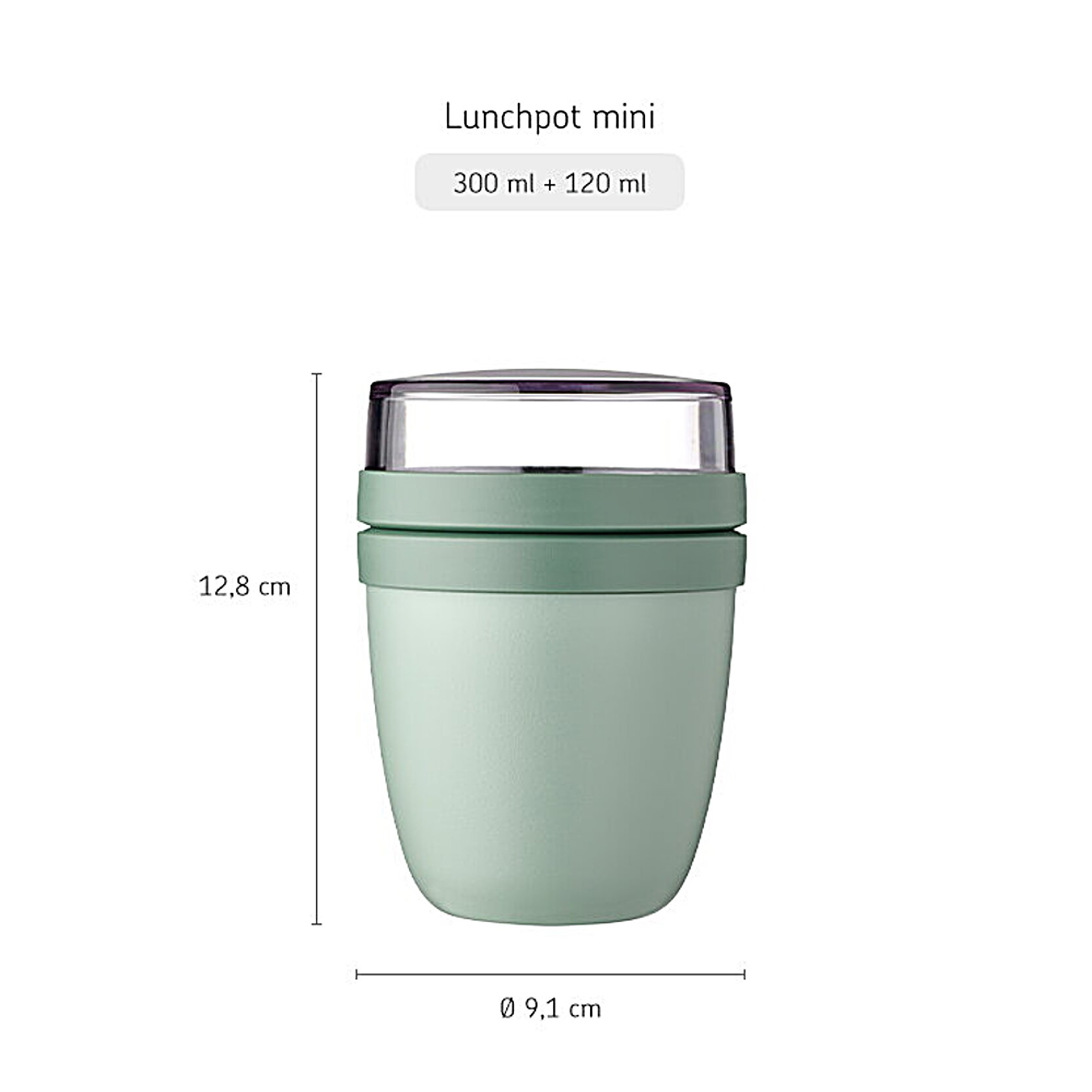 Ein grüner Lunchbehälter mit Maßen und Abmessungen. Textüberlagerung lautet 'Lunchpot mini'.