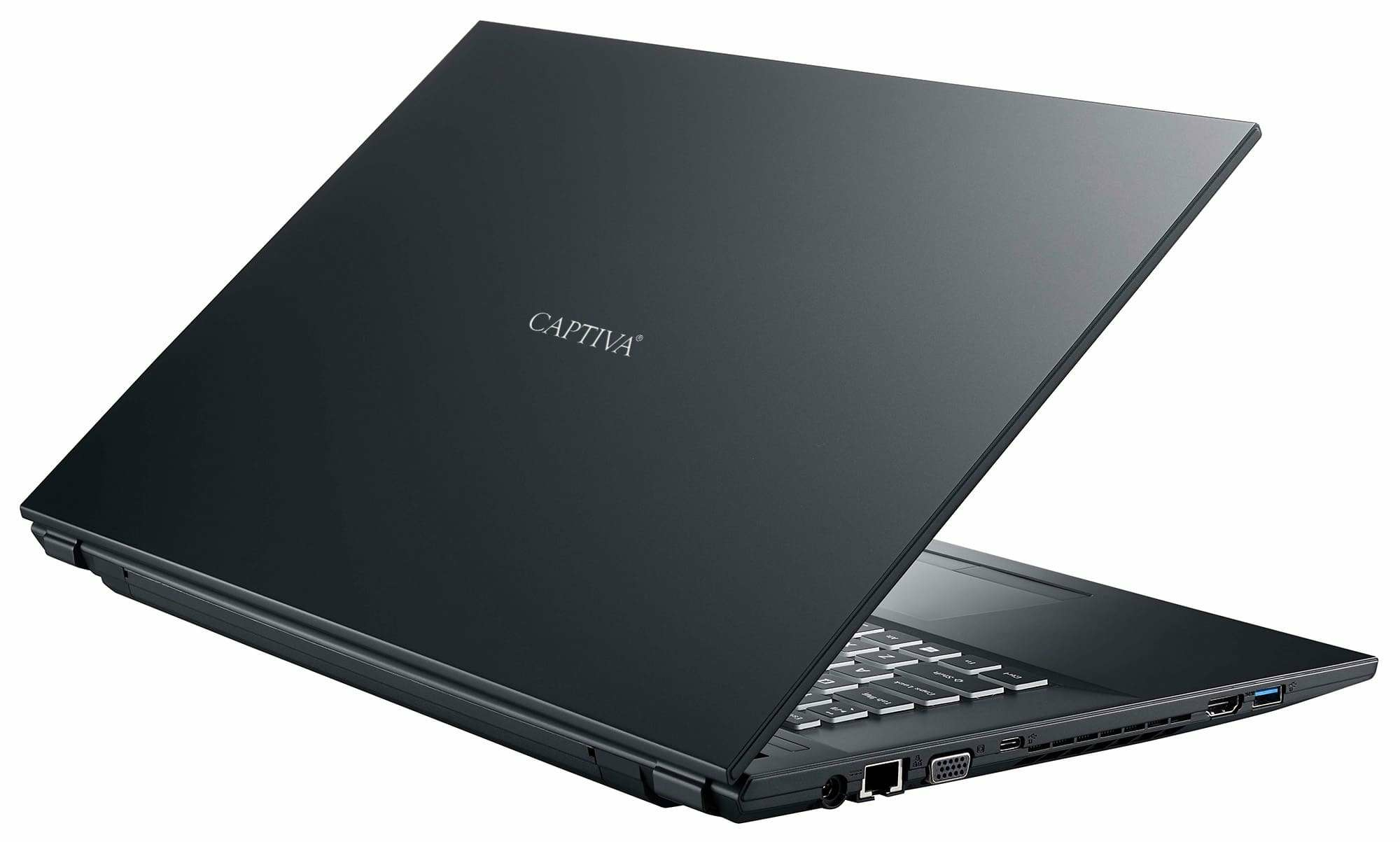 Czarny laptop Captiva, widok z tyłu, częściowo otwarty.