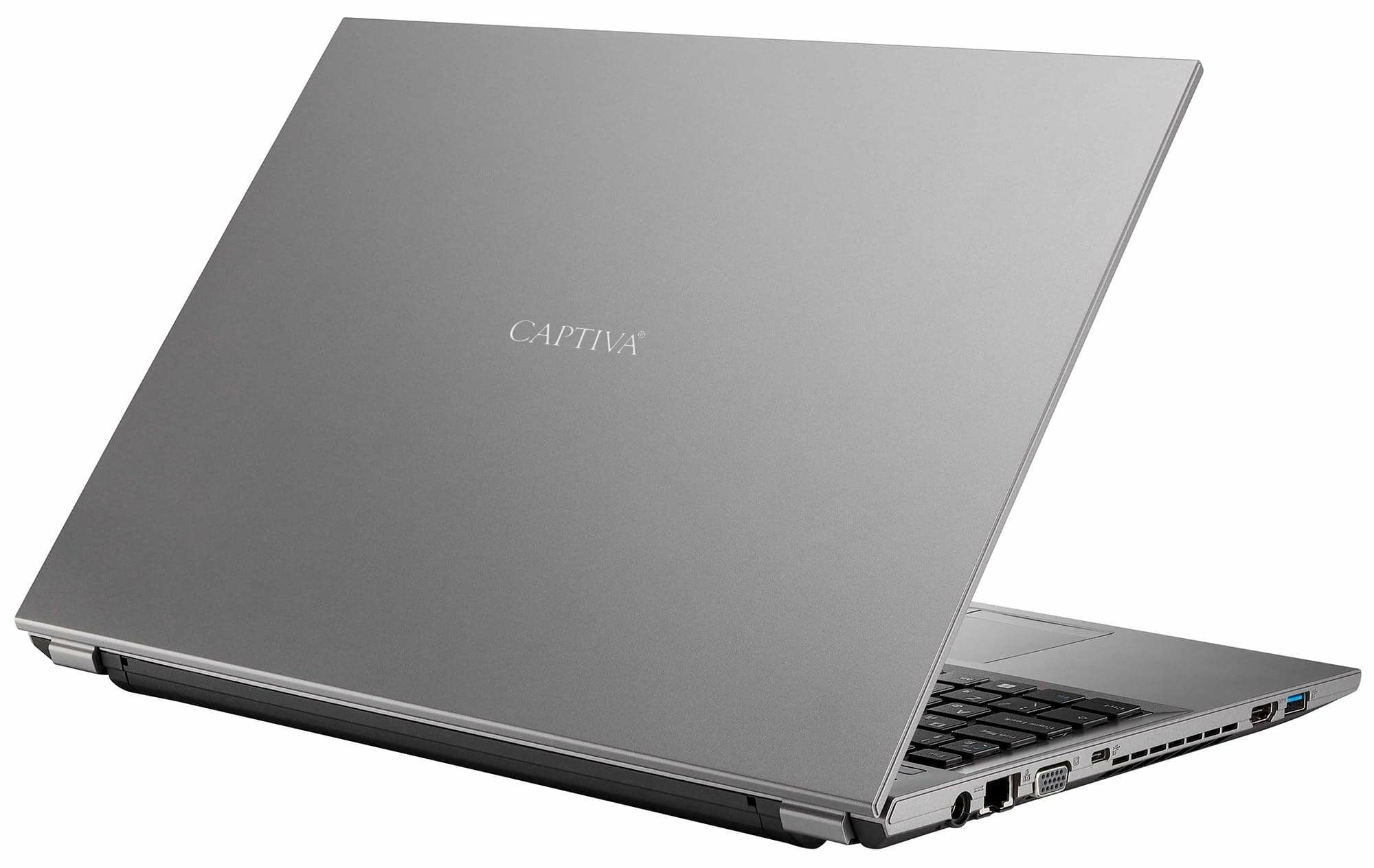 Silberner Laptop, geöffnet. Auf dem Deckel steht „CAPTIVA“. Der Bildschirm ist abgewandt. Weißer Hintergrund.