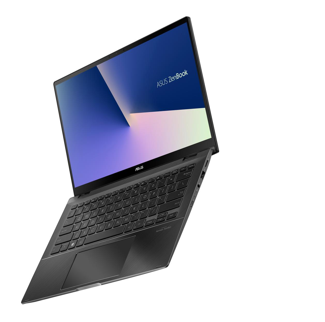 Schwarzer Laptop, offen, ASUS Zenbook Bildschirm, abgewinkelt, weißer Hintergrund.
