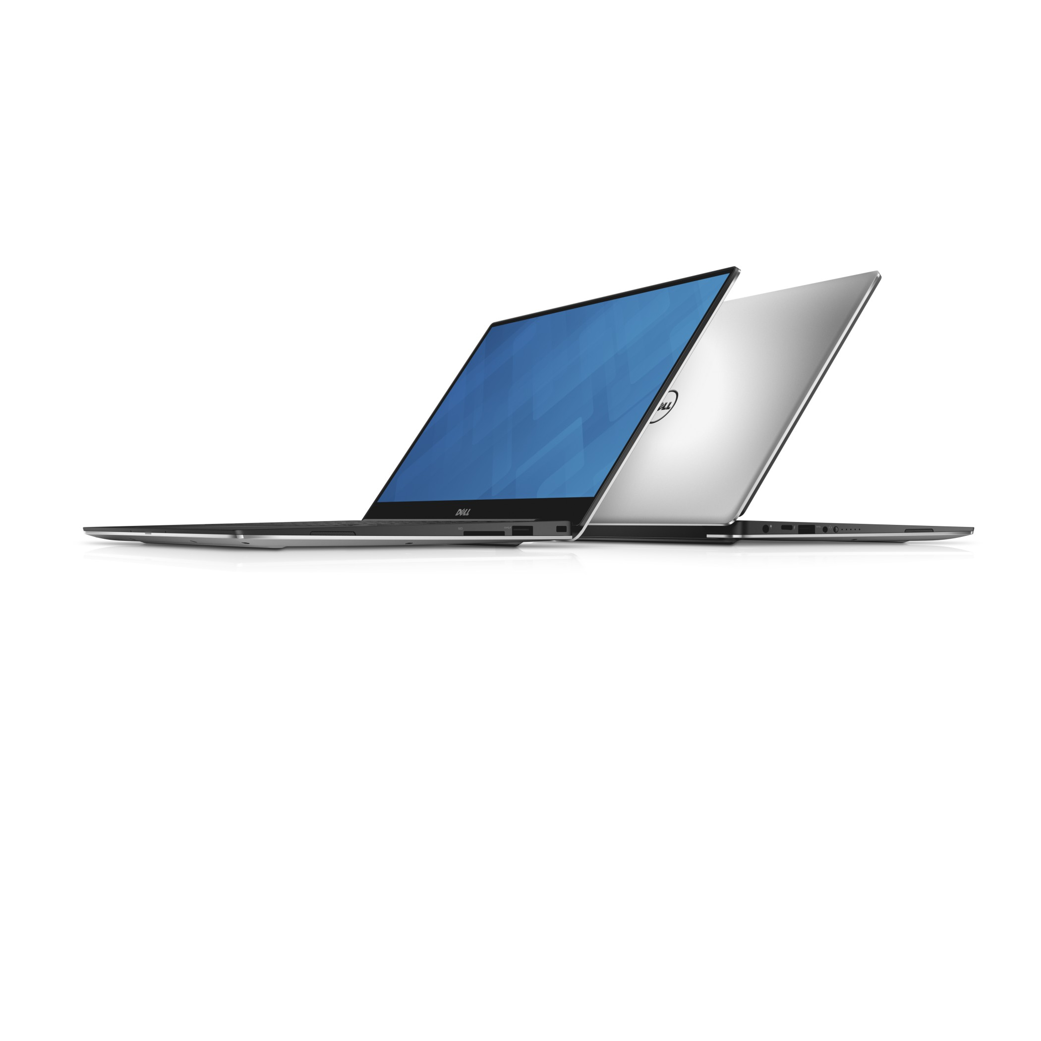 Zwei Dell Laptops, einer offen, einer geschlossen, Silber auf weißem Hintergrund.