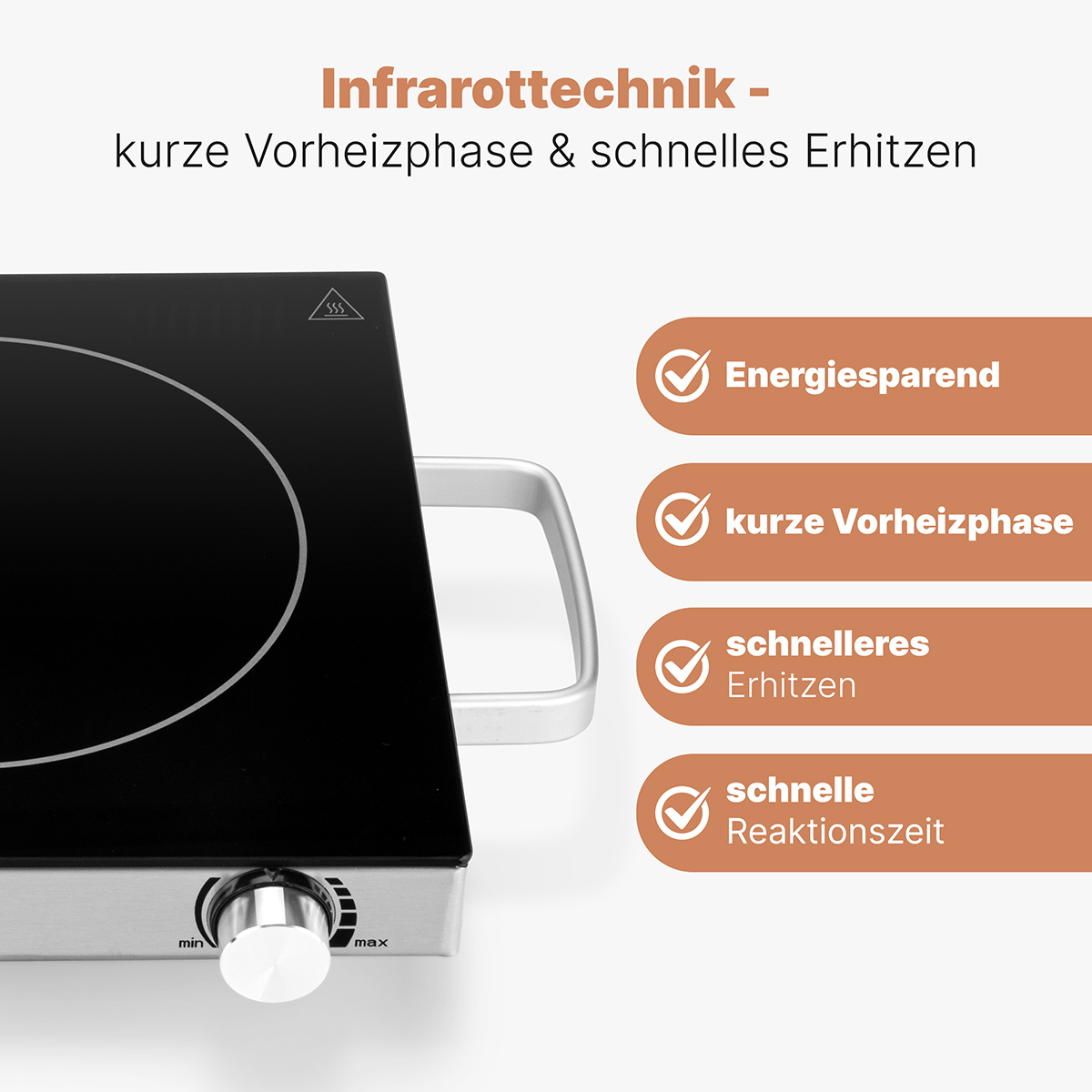 Czarna i srebrna kuchenka na podczerwień z pokrętłem. Tekst i znaki wyboru po prawej.