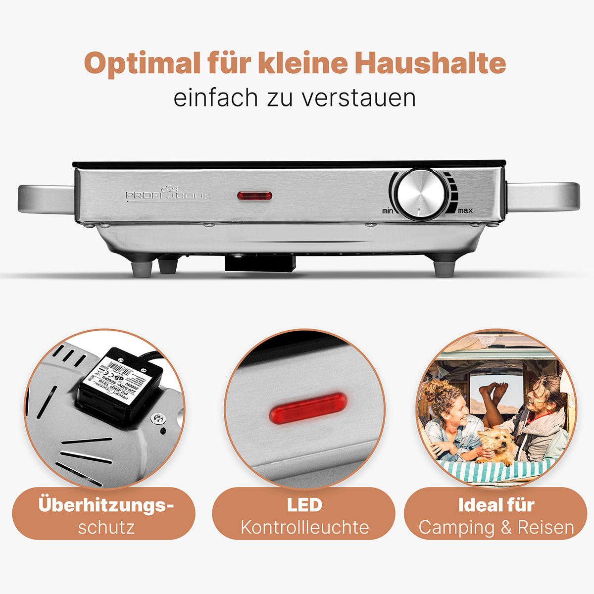 Srebrny i czarny grill z pokrętłem. Ponadto trzy wstawione obrazy części i ludzi.