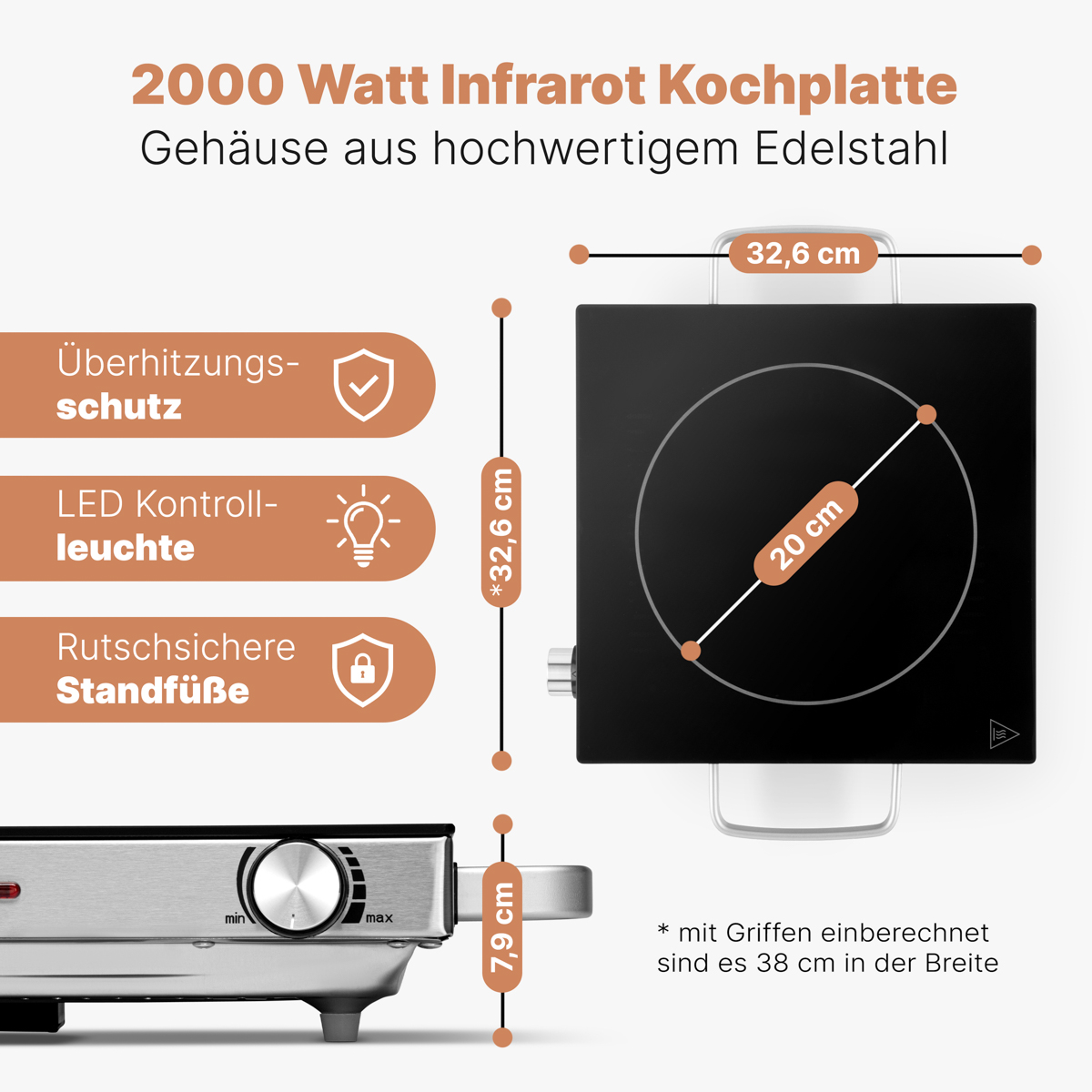 Czarna i srebrna elektryczna płyta grzejna z wymiarami i funkcjami opisanymi po niemiecku.