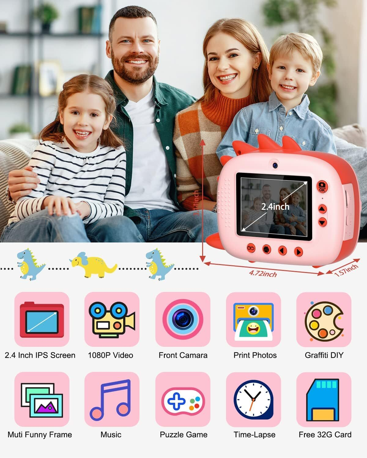 Familia con niños, sosteniendo una cámara rosa con iconos coloridos.