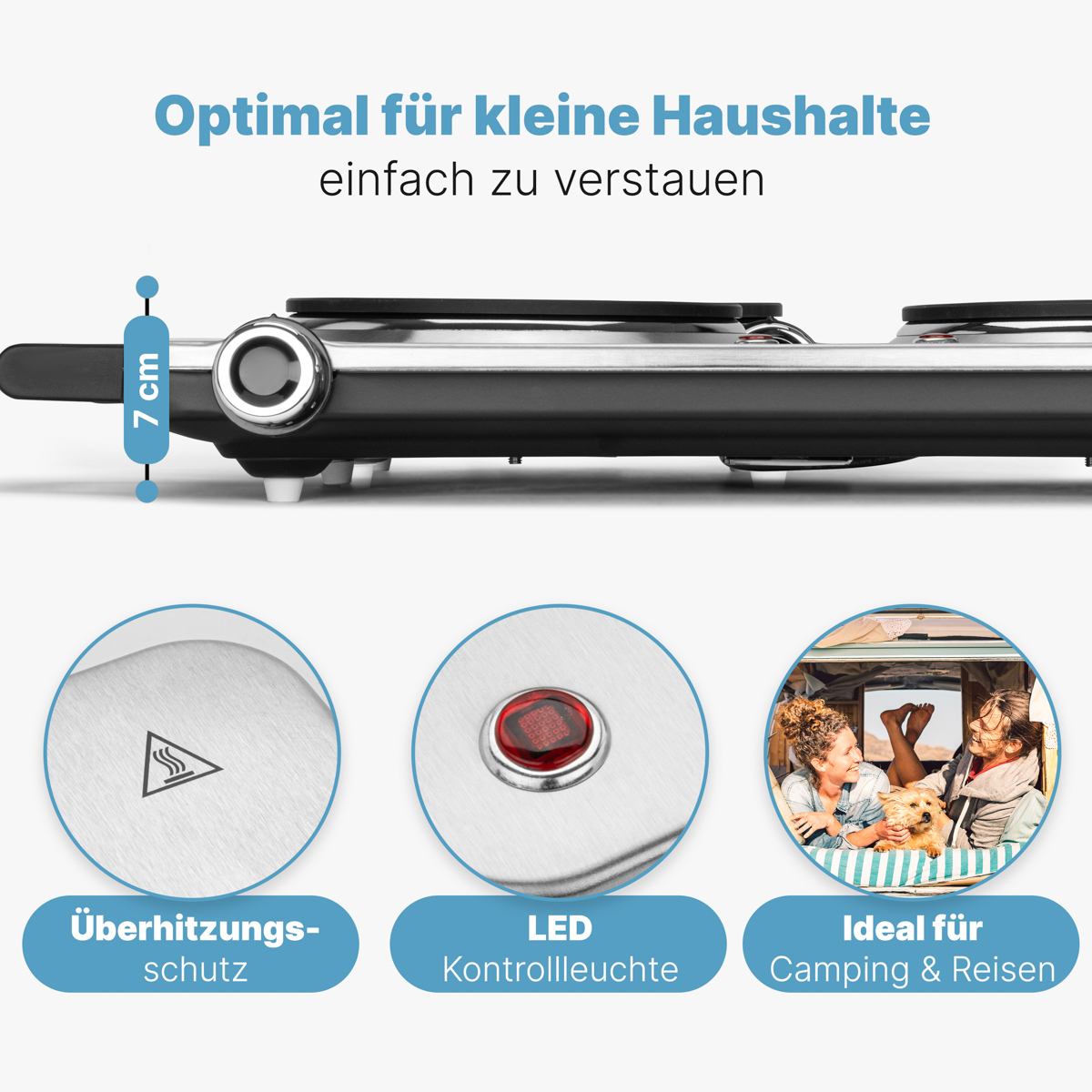 Elektryczna płyta grzejna z opisami. Posiada zabezpieczenie przed przegrzaniem, światło LED i jest do kempingu.