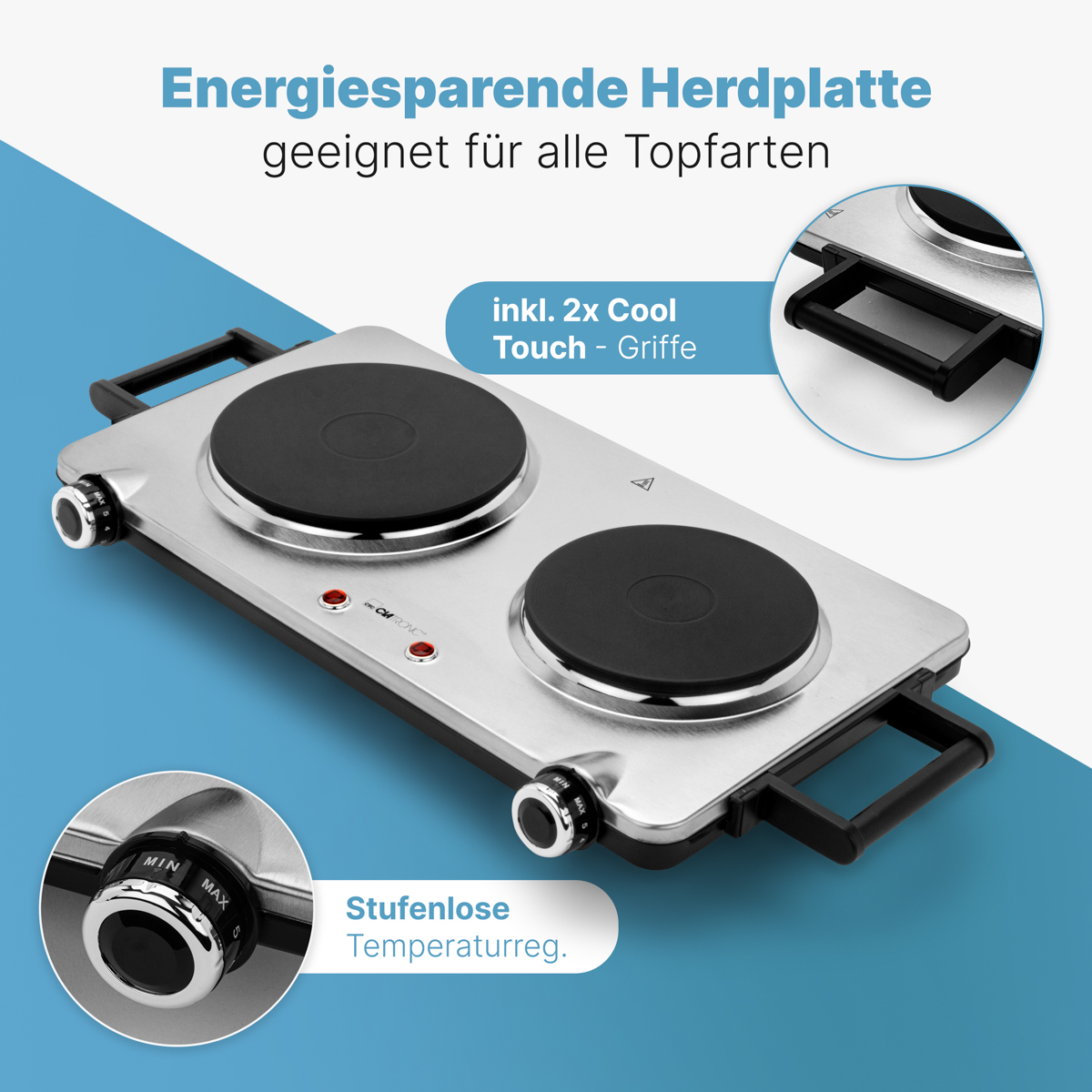 Elektryczna płyta grzewcza, srebrna, z dwoma czarnymi palnikami i pokrętłami.