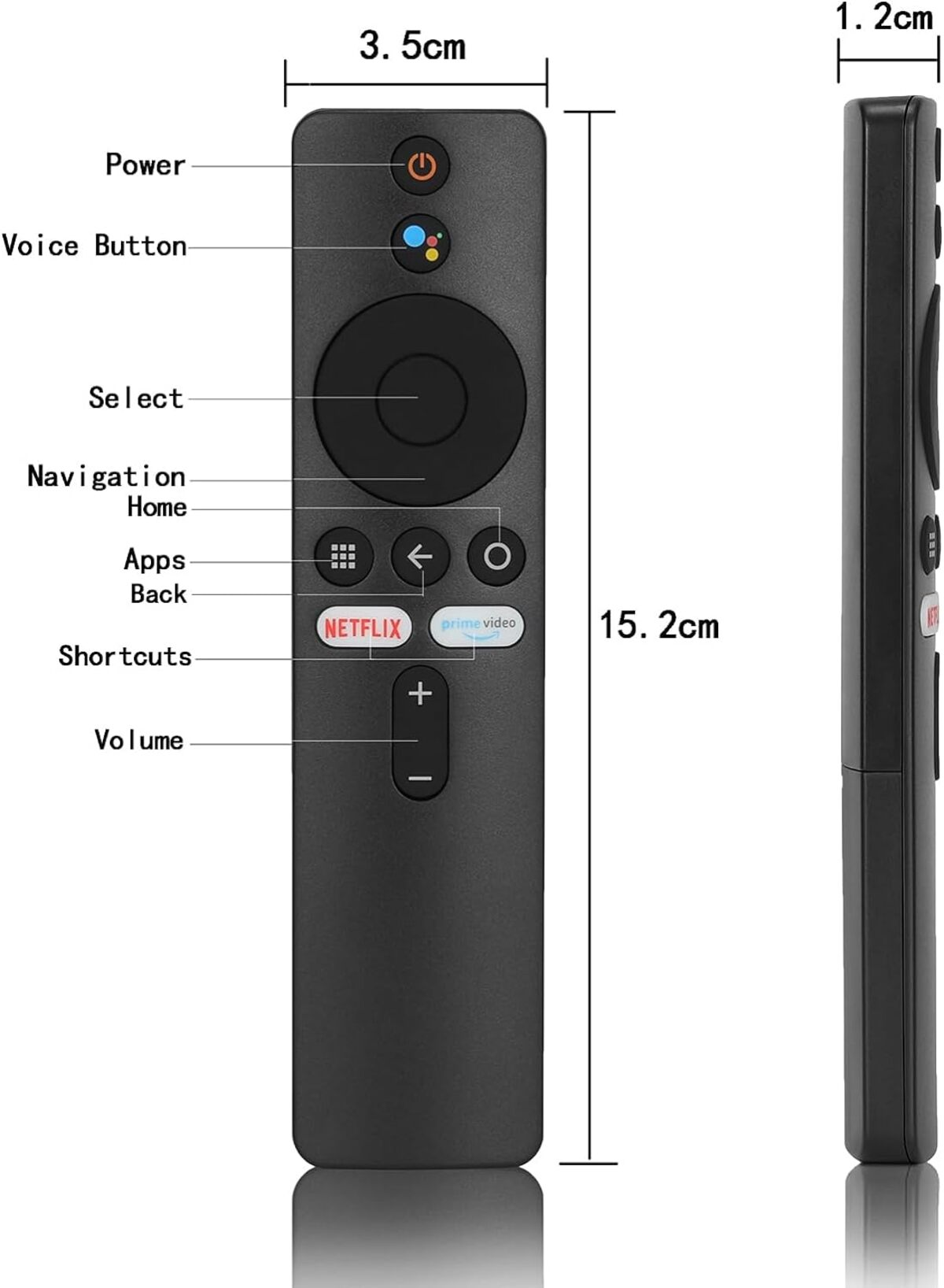 Mando a distancia de TV negro con botones y etiquetas. Incluye botones de Netflix y Prime Video.