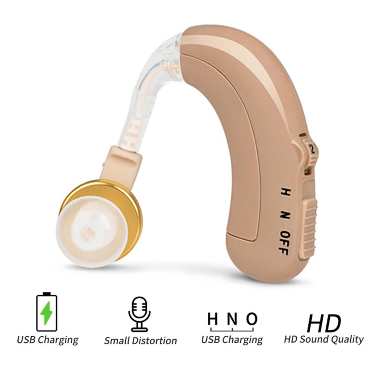 Audífono con carga USB y calidad de sonido HD. Color beige.