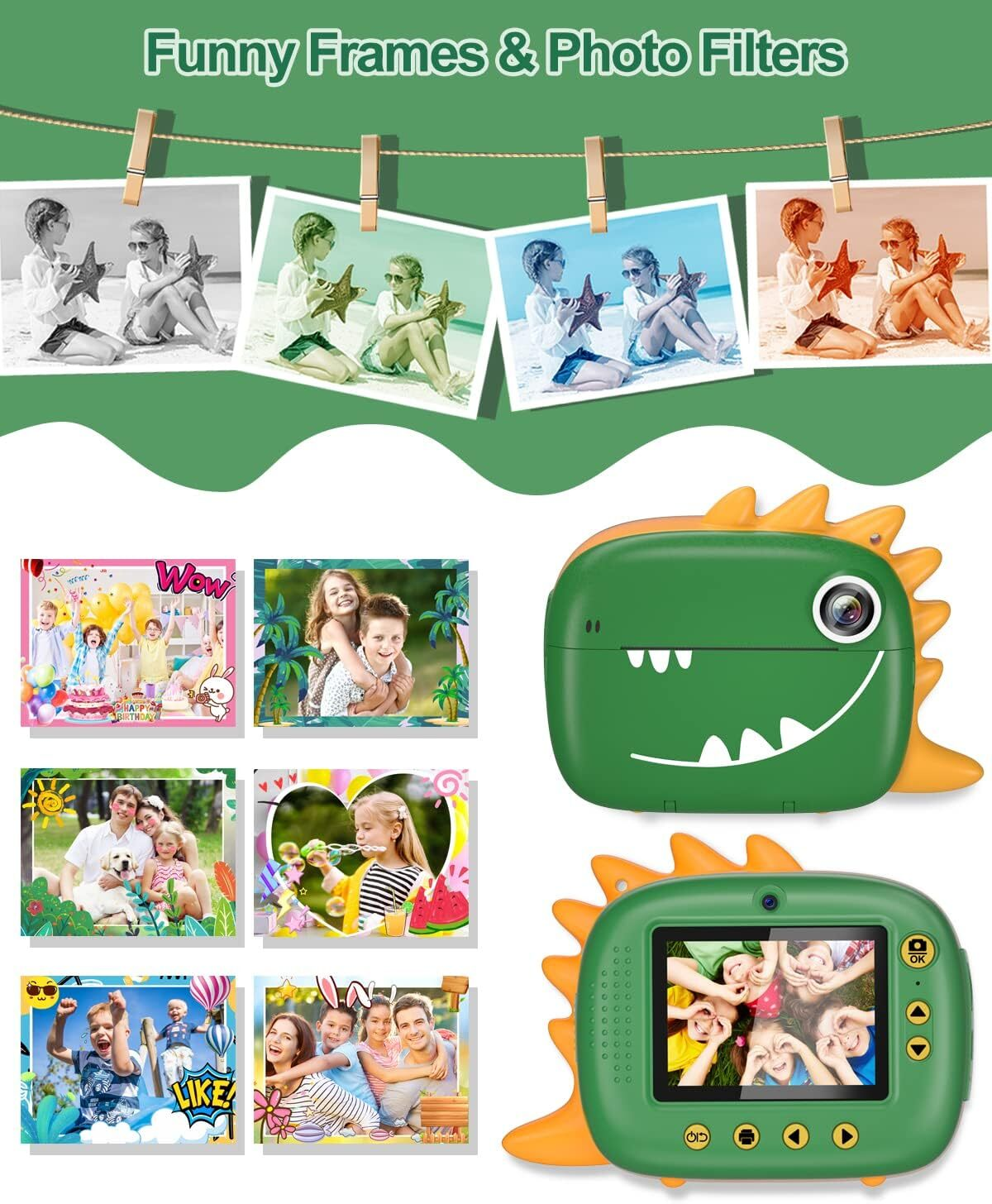 Una cámara verde con forma de dinosaurio con una pantalla y marcos de fotos colgados en un tendedero.