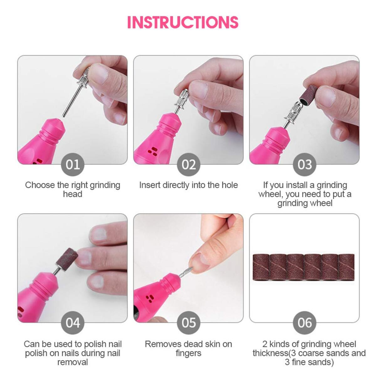 Imágenes instructivas para usar una herramienta de pulido de uñas.
