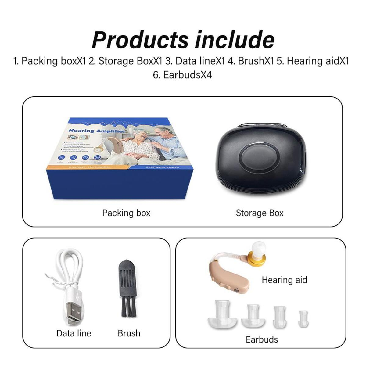 Un conjunto de productos: una caja, una funda de almacenamiento, un cable de datos, un cepillo, un audífono y cuatro auriculares.