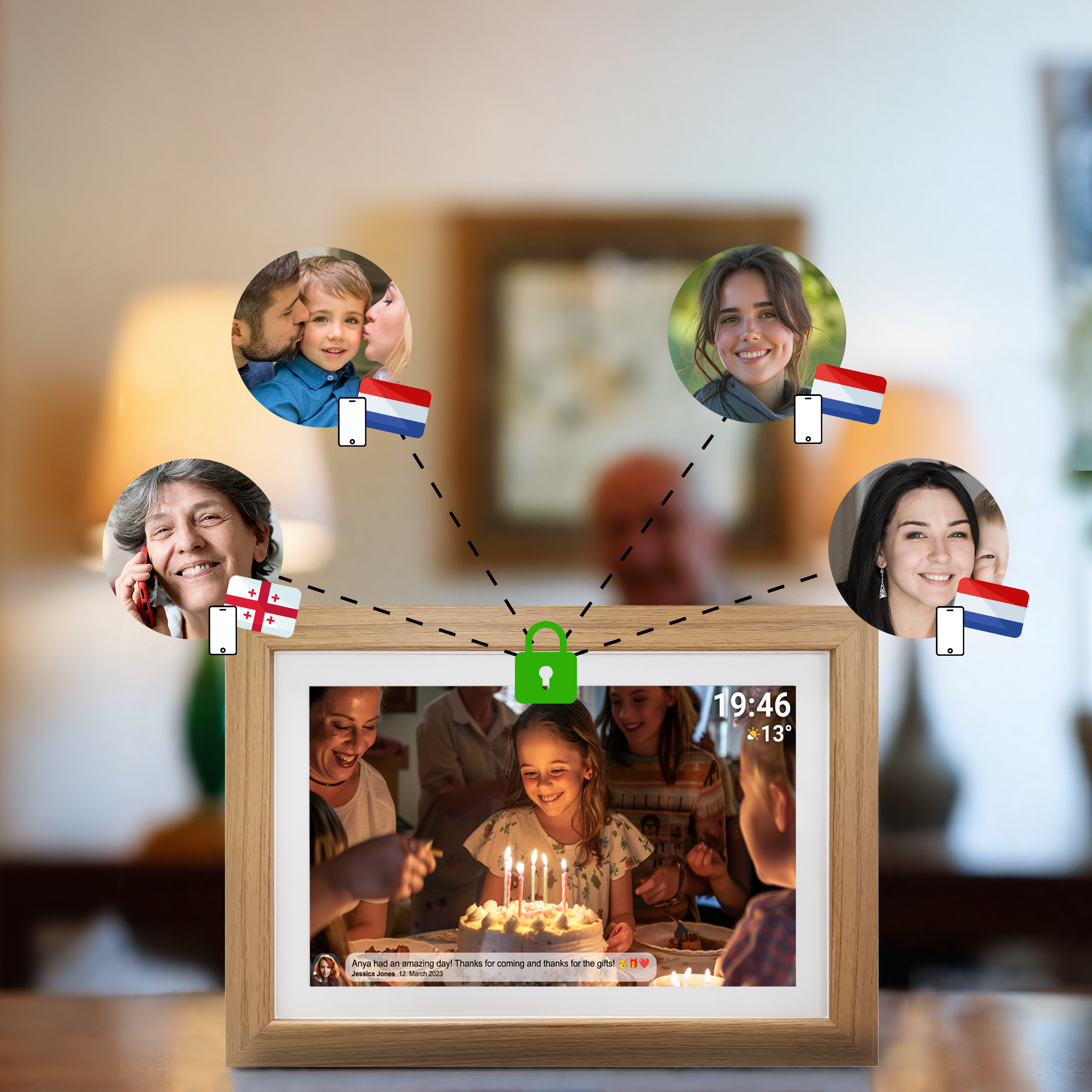 Cadre photo numérique avec photos de personnes, drapeaux et un gâteau d'anniversaire.