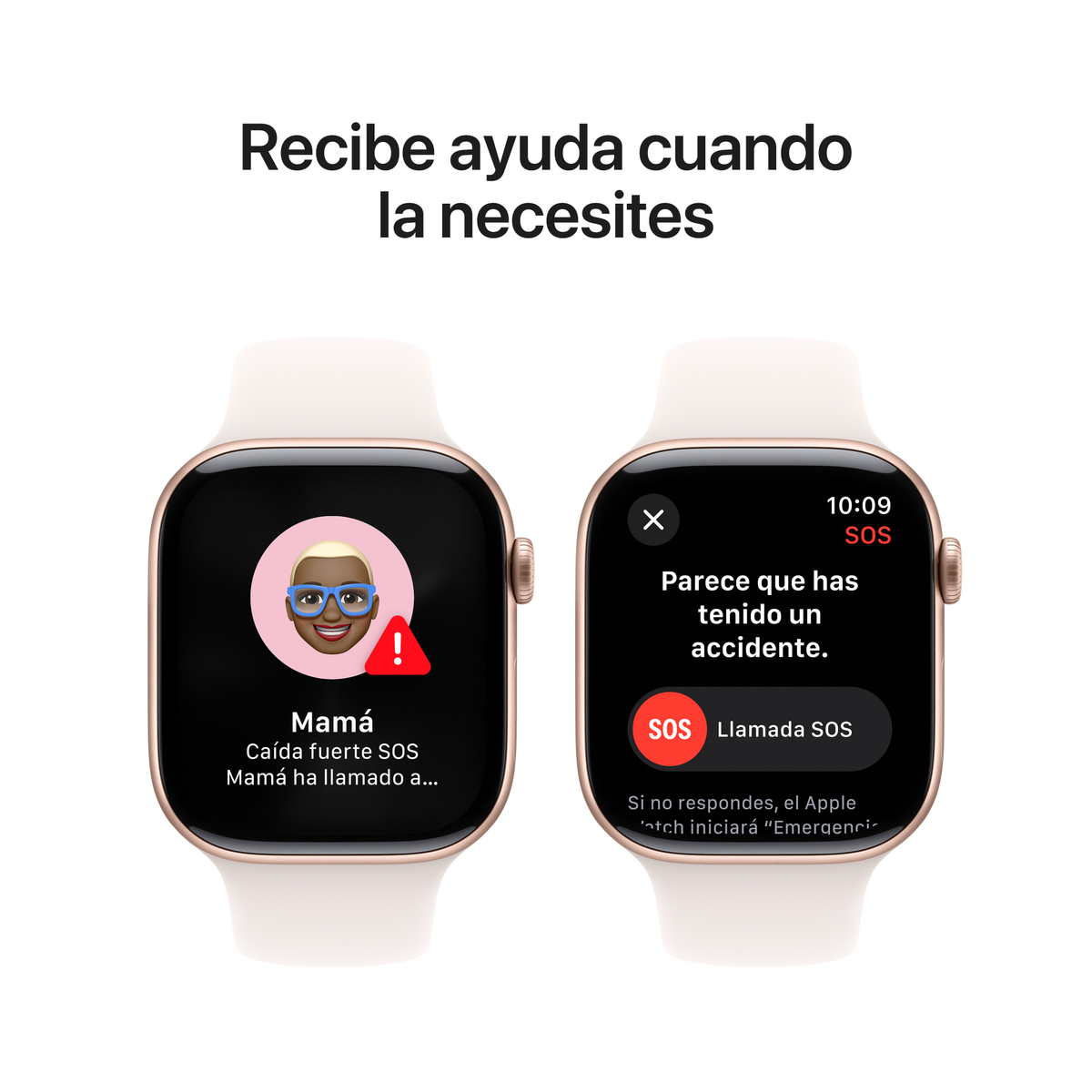 Dwa zegarki Apple na białym pasku, pokazujące interfejs połączenia SOS i komunikat pomocy.