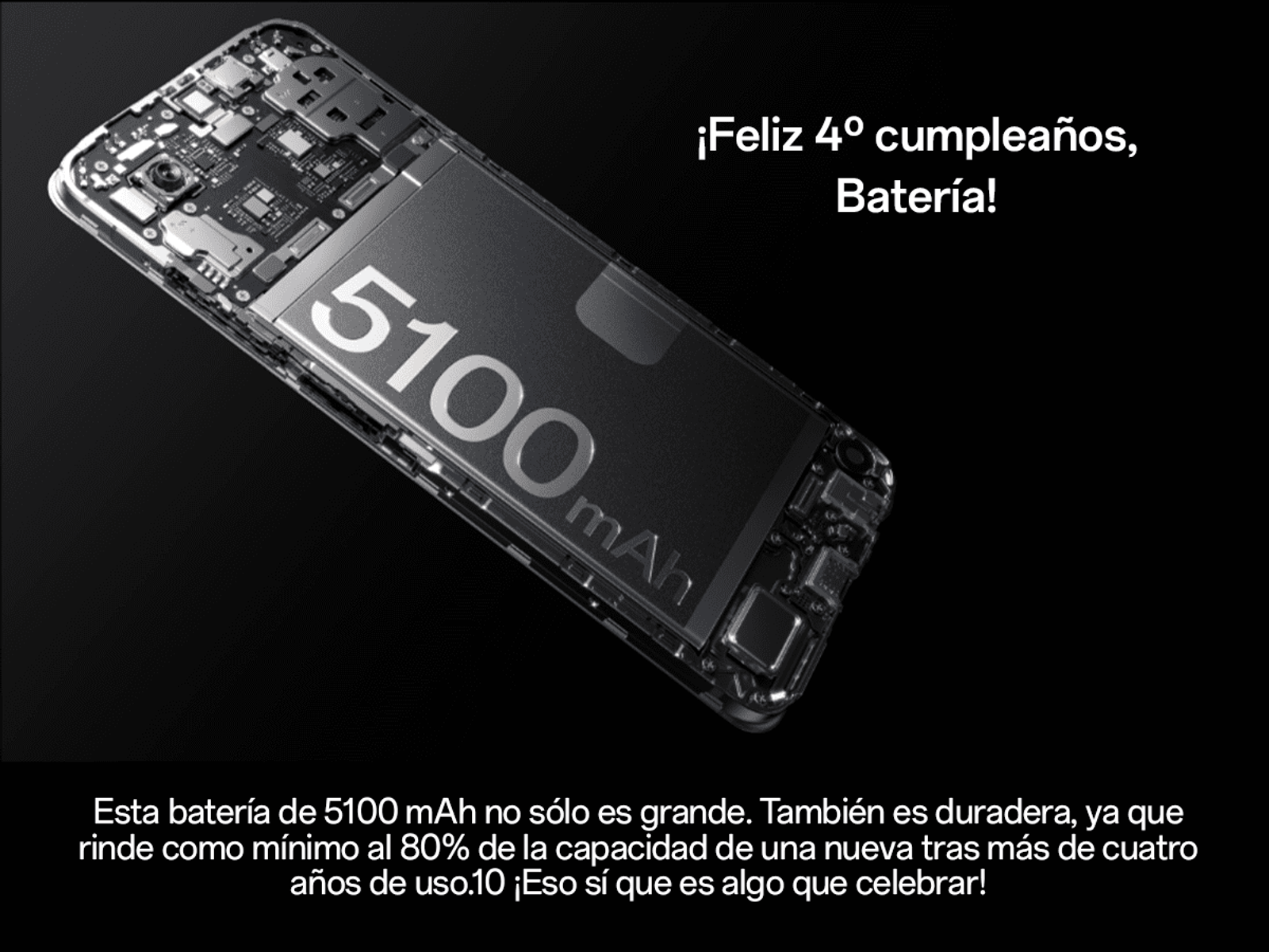 Elementy smartfona, bateria 5100 mAh. Tekst: Wszystkiego najlepszego z okazji 4. urodzin, Bateria! Hiszpański tekst.