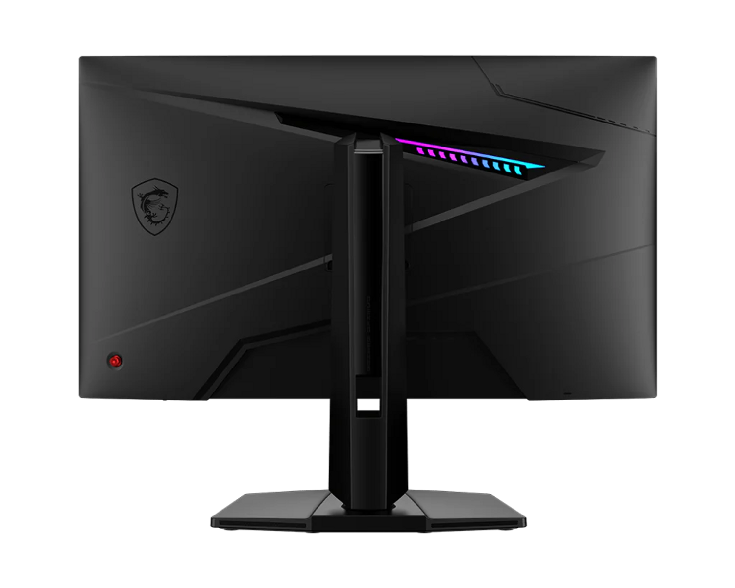 Tył czarnego monitora z podstawką i logo, na czarnym tle.