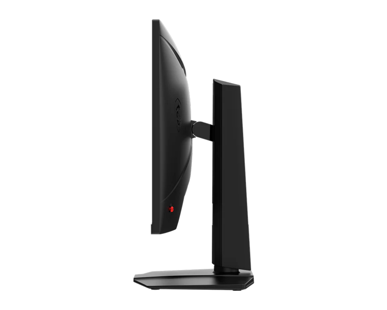 Czarny monitor komputera z boku, z czerwonym światłem na dole.